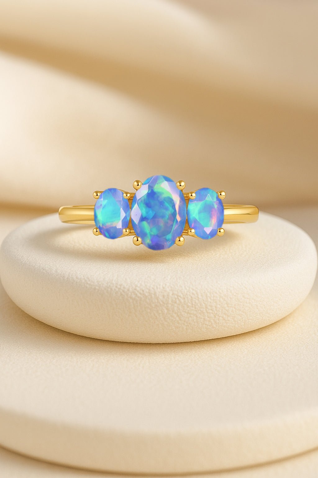 Engagement Wedding Three Stone Rings with Natural Blue Opal - Goodstone Jewels