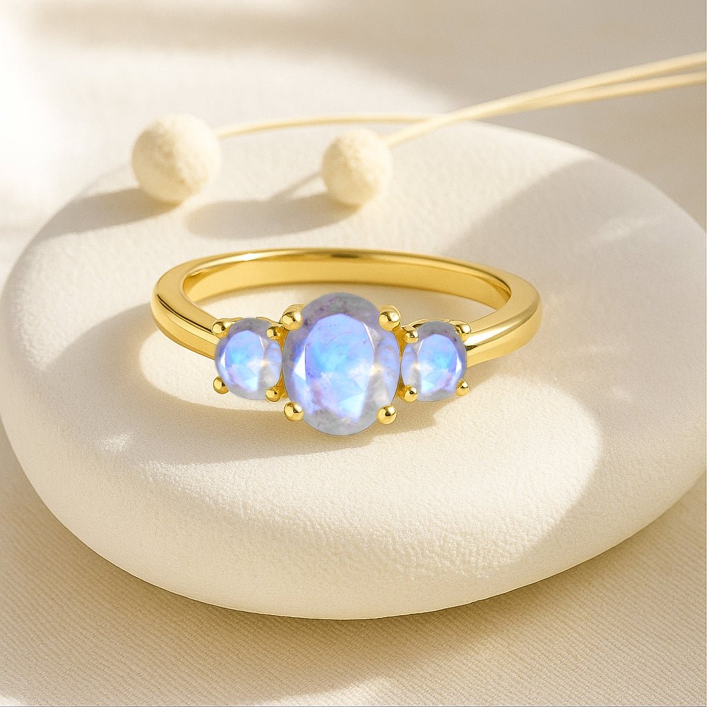 Engagement Wedding Three Stone Rings with Natural Moonstone - Goodstone Jewels