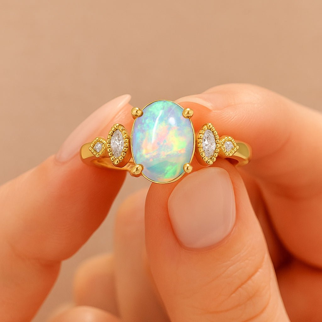 Ethiopian White Opal Gemstone Statement Ring for Her - Goodstone Jewels