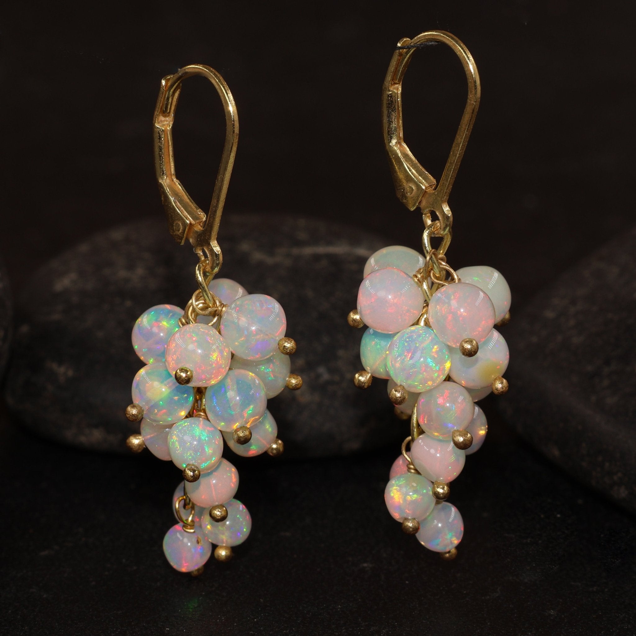 Ethiopian White Opal Round Beads Cluster Earrings for Her - Goodstone Jewels