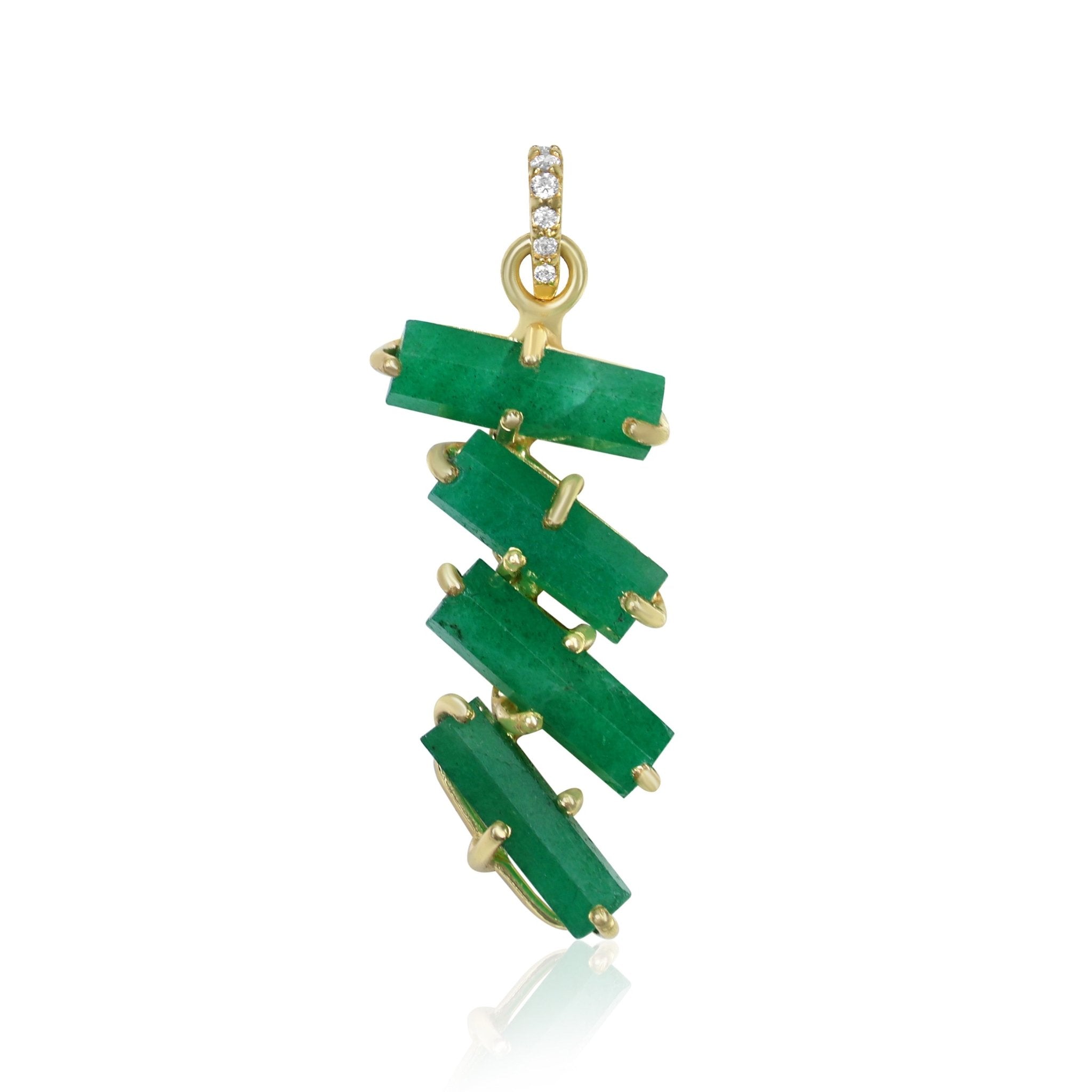 Faceted Four Emerald Hexagon Shape Pencil Pendant With White Zircon Chain Necklace - Goodstone Jewels