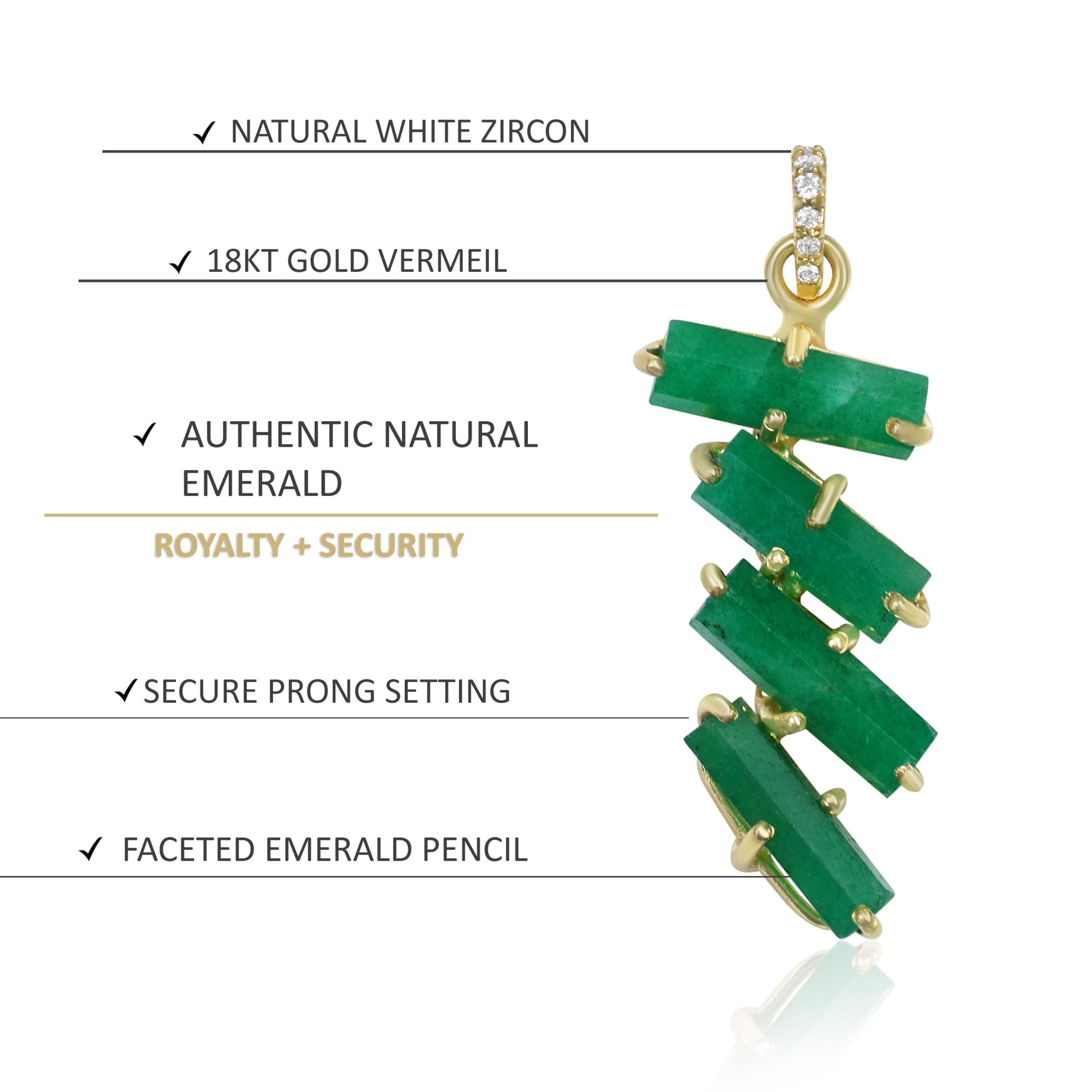 Faceted Four Emerald Hexagon Shape Pencil Pendant With White Zircon Chain Necklace - Goodstone Jewels