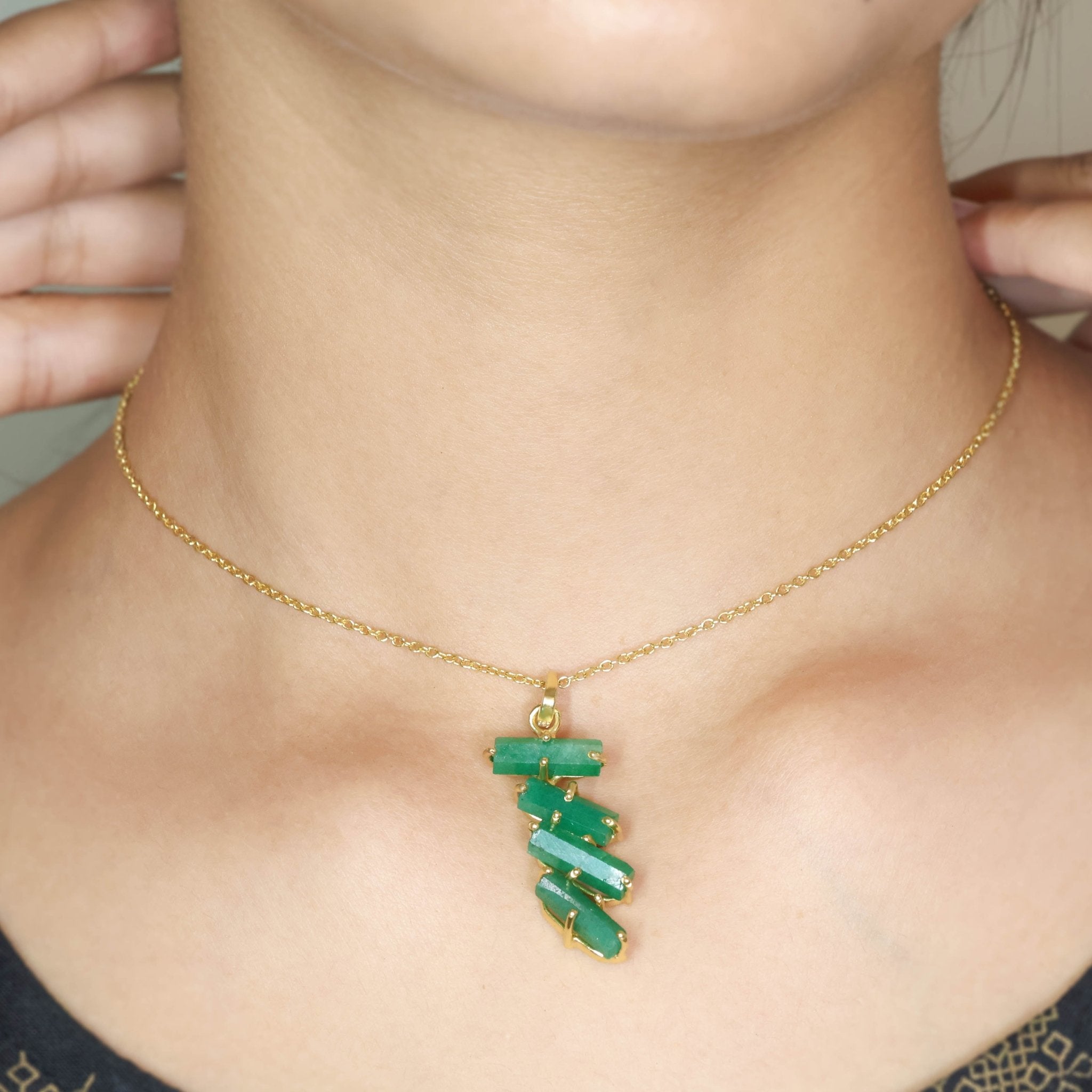 Faceted Four Emerald Hexagon Shape Pencil Pendant With White Zircon Chain Necklace - Goodstone Jewels