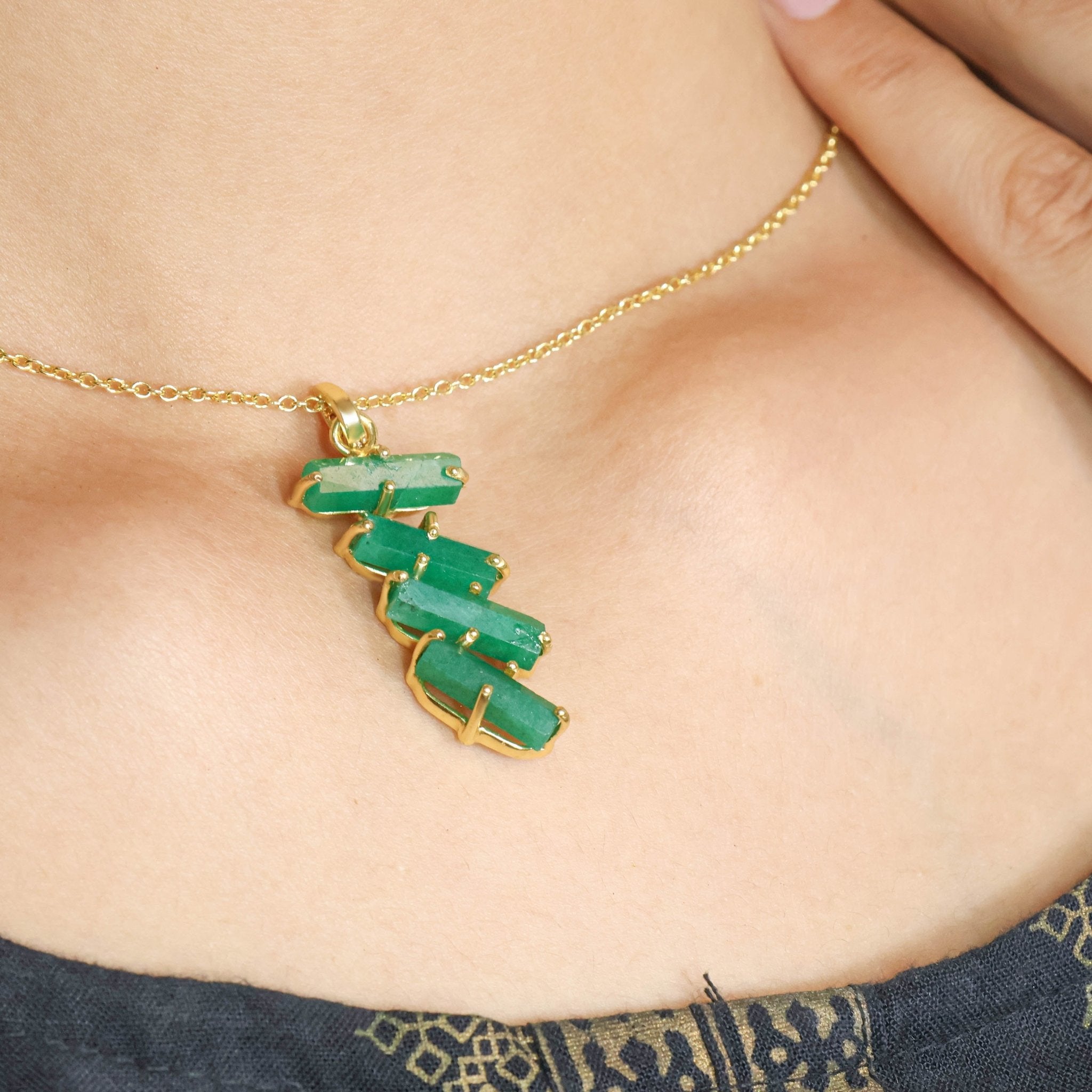 Faceted Four Emerald Hexagon Shape Pencil Pendant With White Zircon Chain Necklace - Goodstone Jewels