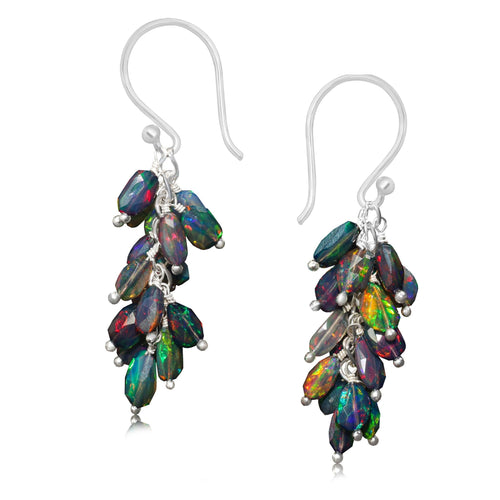 Faceted Tumble Natural Black Opal Beaded Cluster Earrings