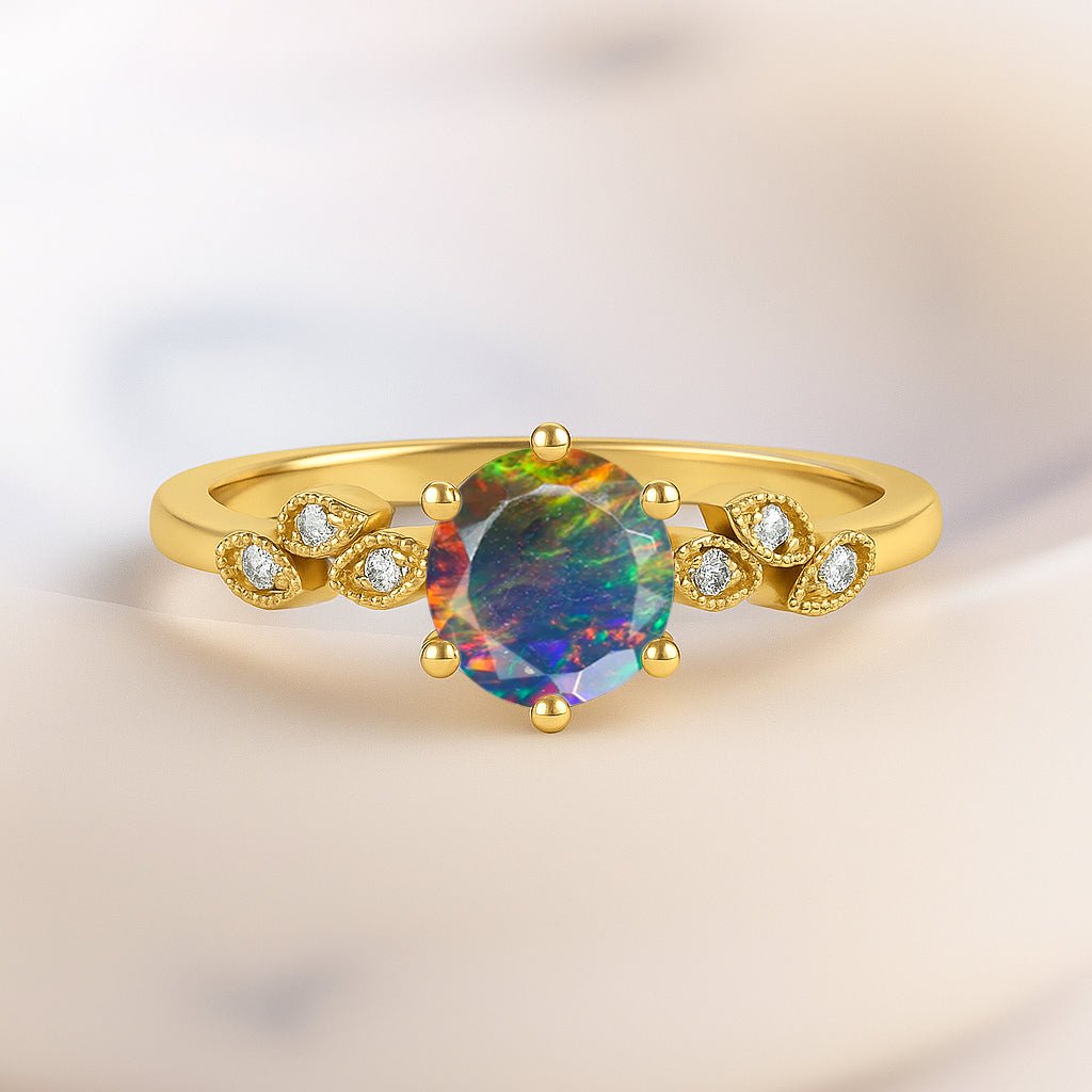 Fire Black Opal and Cubic Zirconia Engagement Classical Solitaire Ring - Goodstone Jewels