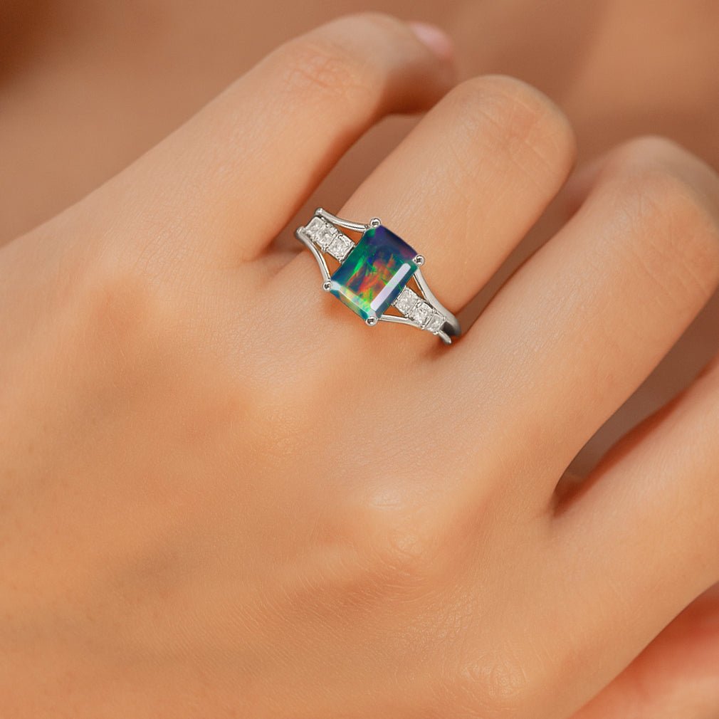 Fire Black Opal Octagon Gemstone Statement Ring - Goodstone Jewels