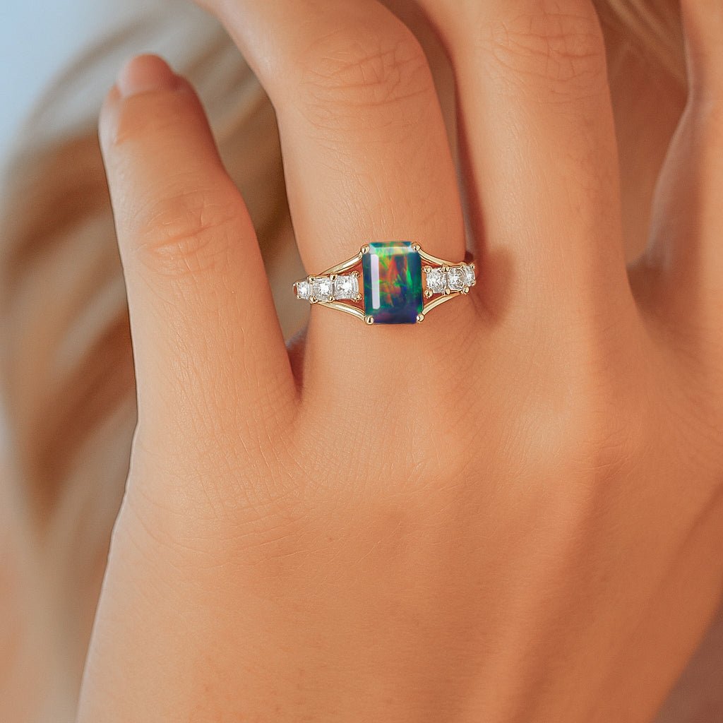 Fire Black Opal Octagon Gemstone Statement Ring - Goodstone Jewels