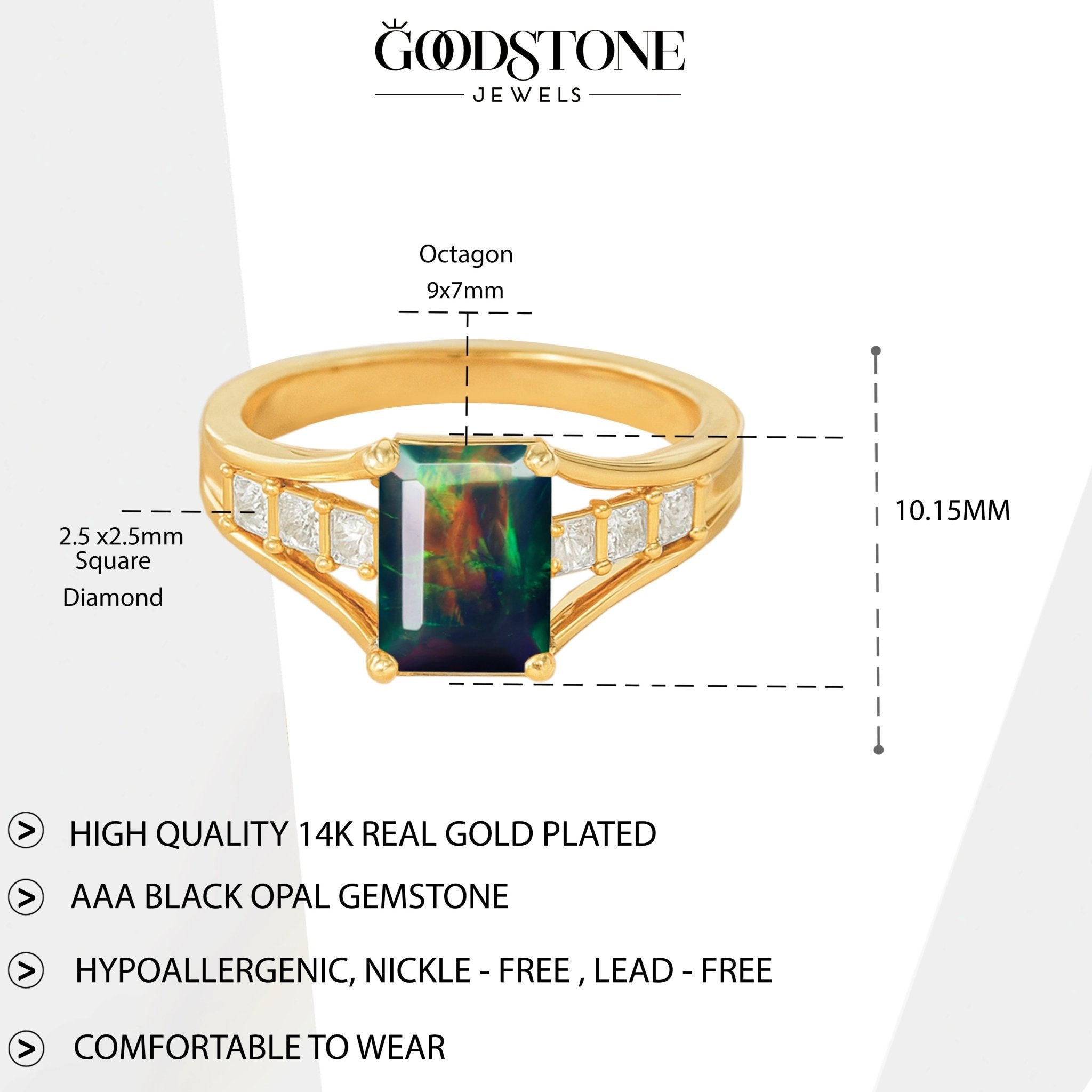 Fire Black Opal Octagon Gemstone Statement Ring - Goodstone Jewels