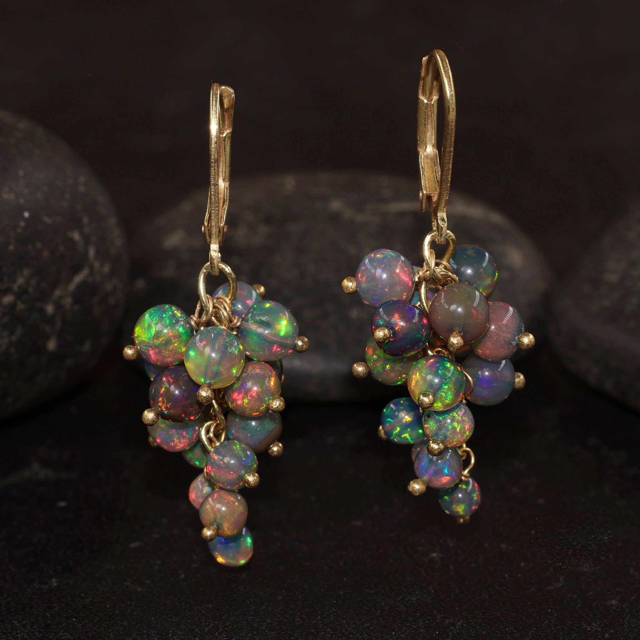Fire Black Opal Round Beads Cluster Earrings for Her - Goodstone Jewels
