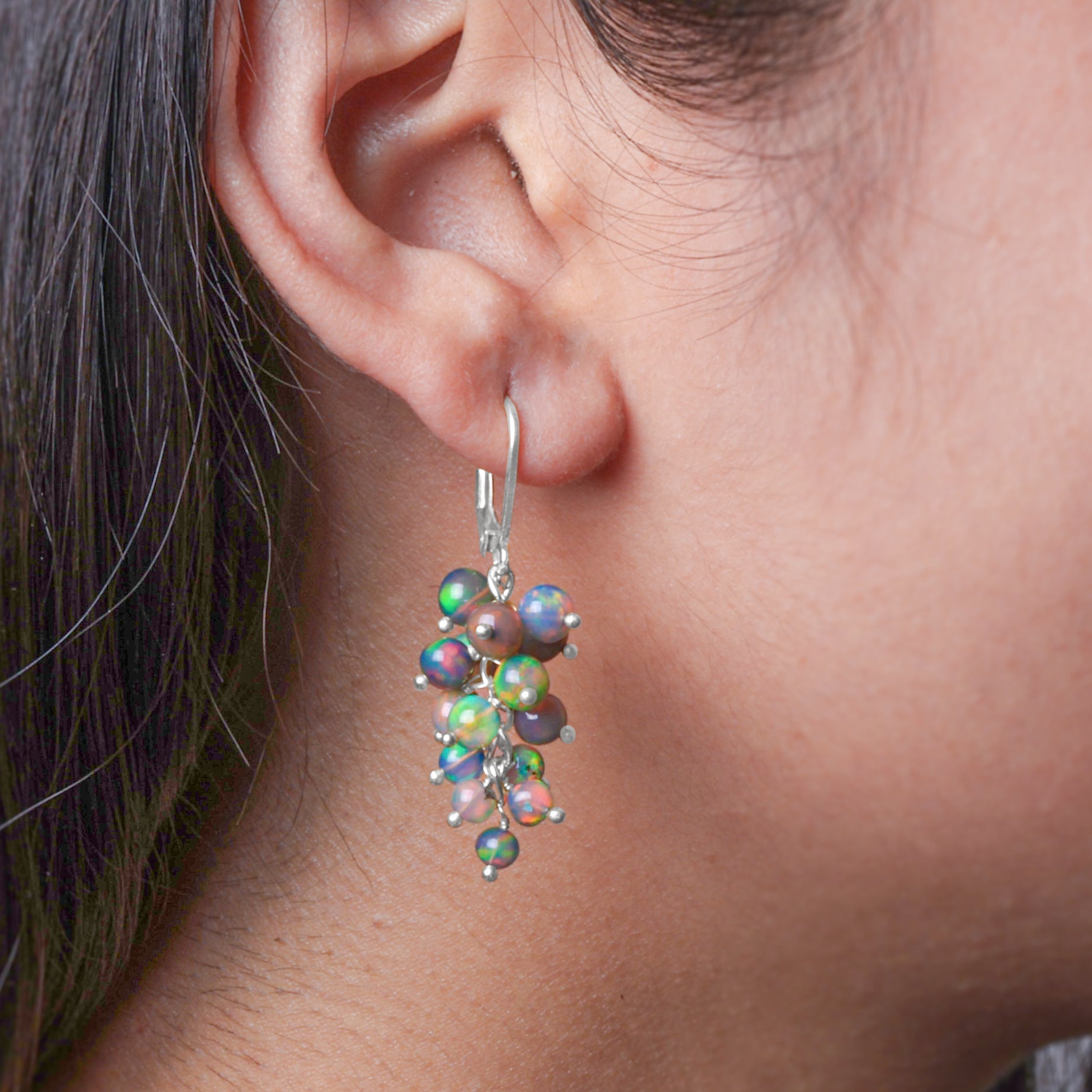 Fire Black Opal Round Beads Cluster Earrings for Her - Goodstone Jewels