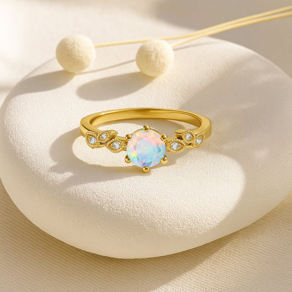 Fire White Opal and Cubic Zirconia Engagement Classical Solitaire Ring - Goodstone Jewels