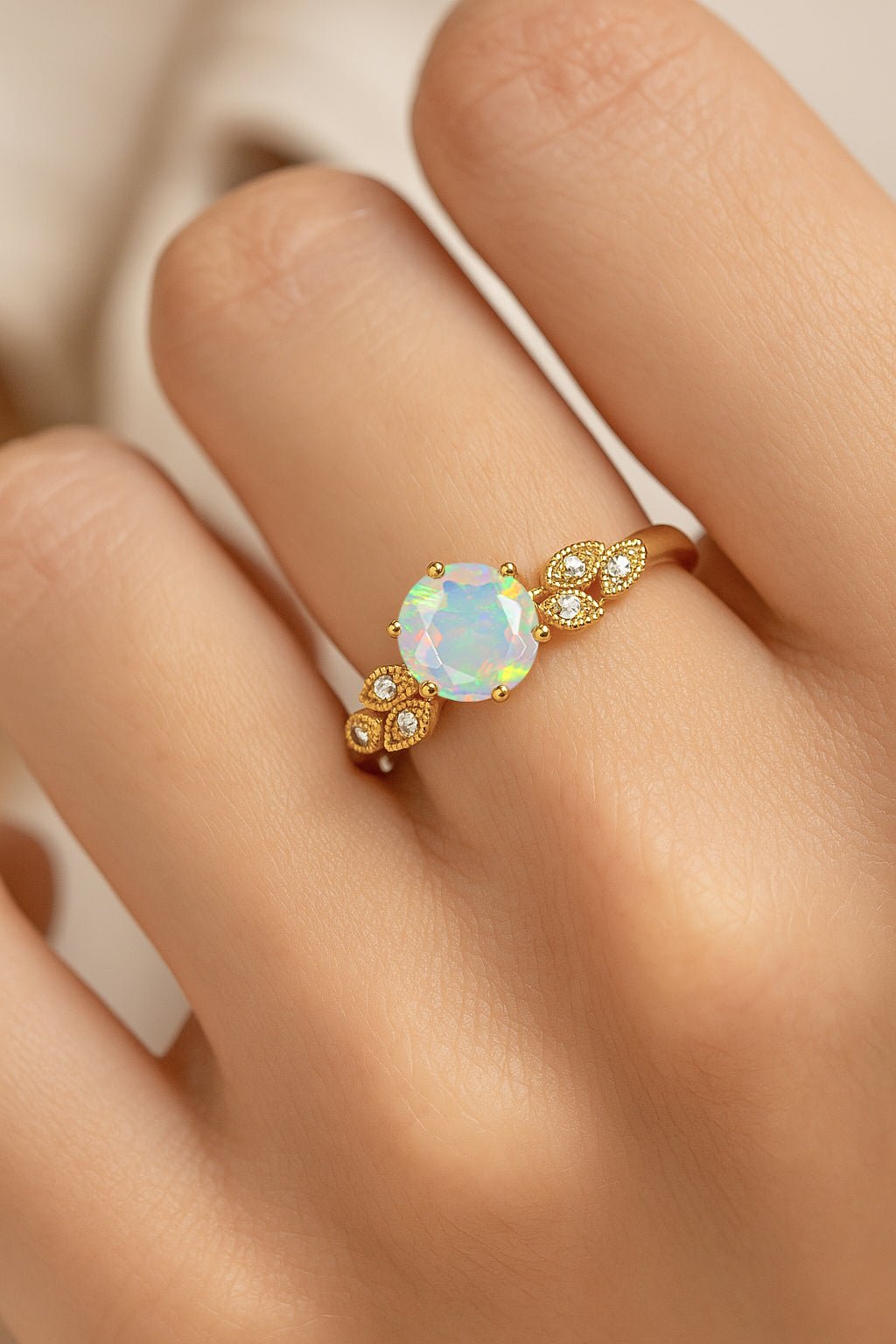 Fire White Opal and Cubic Zirconia Engagement Classical Solitaire Ring - Goodstone Jewels