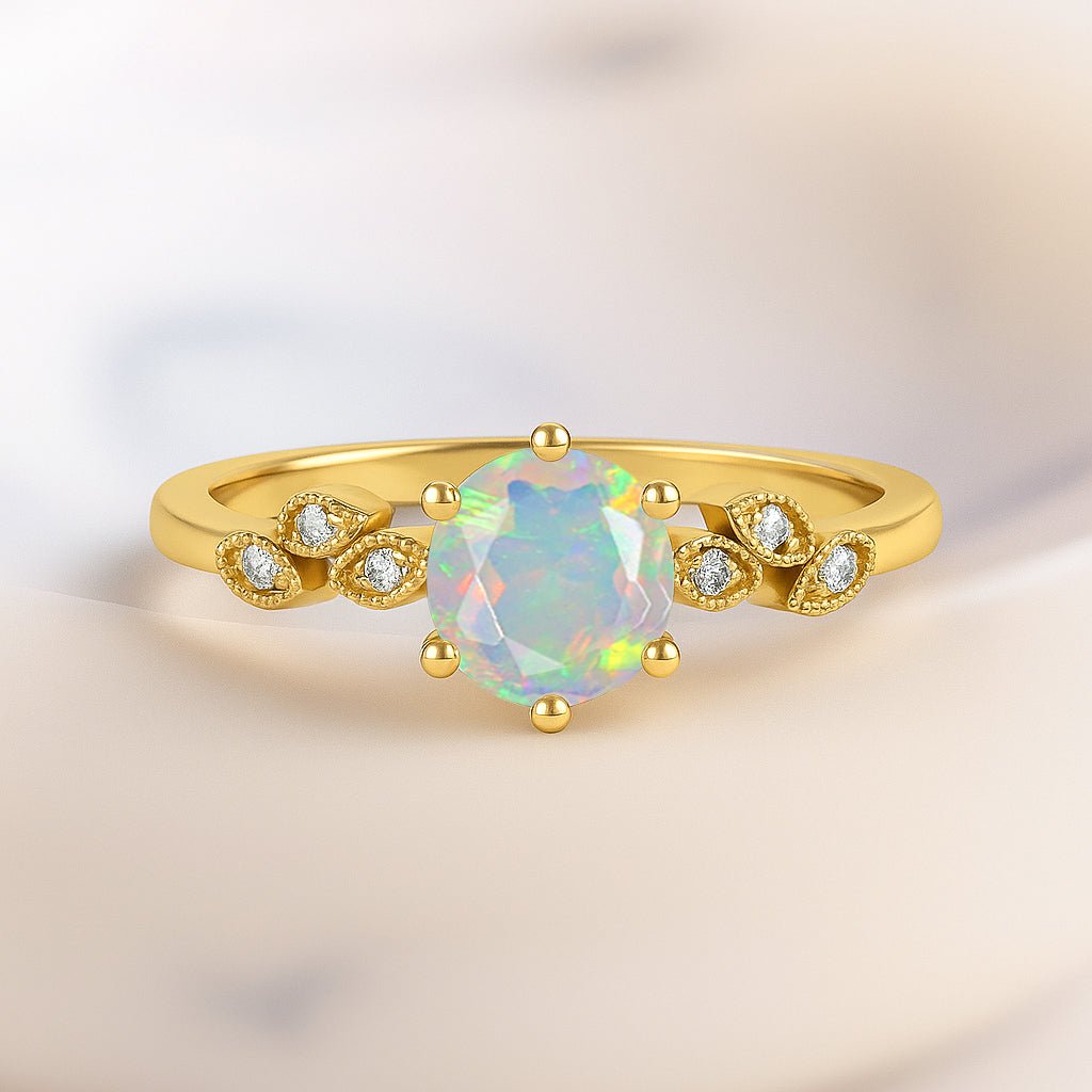 Fire White Opal and Cubic Zirconia Engagement Classical Solitaire Ring - Goodstone Jewels