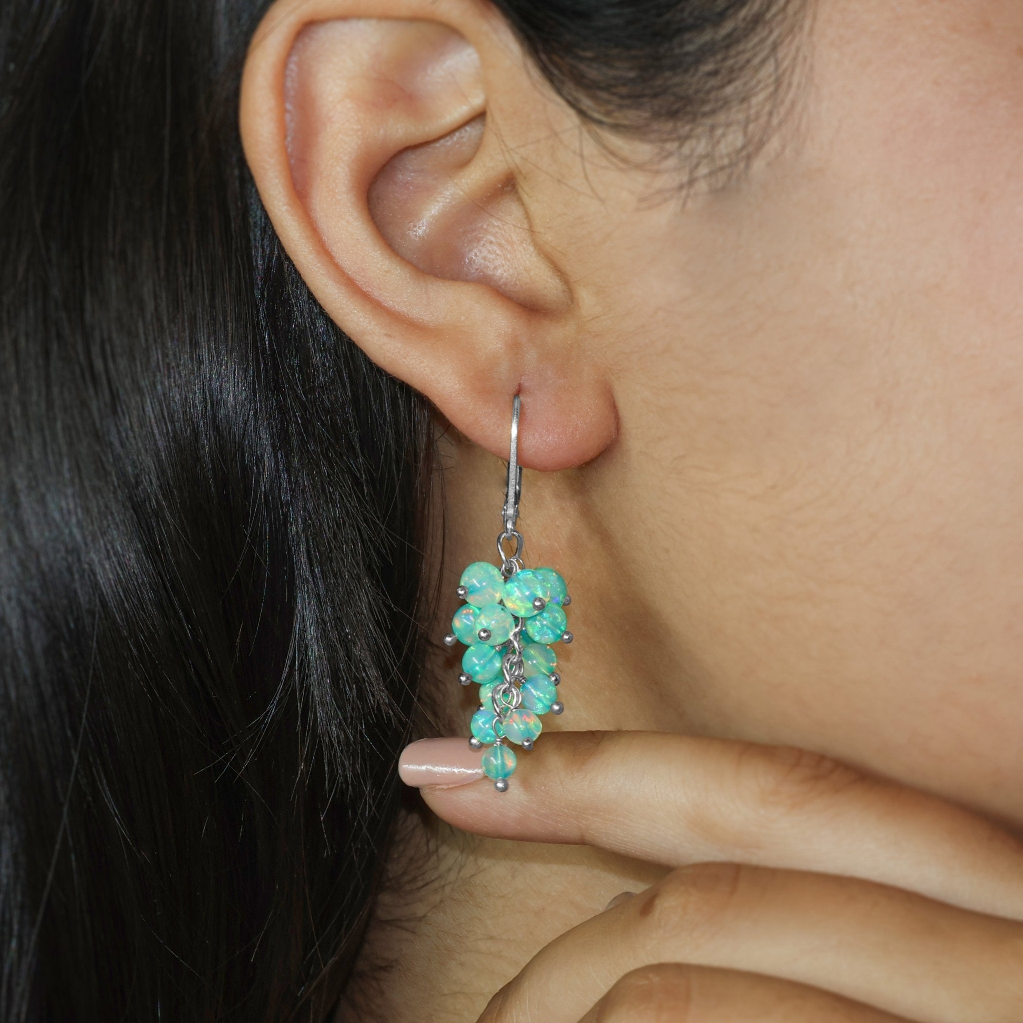 Genuine Green Opal Round Beads Cluster Earrings for Her - Goodstone Jewels