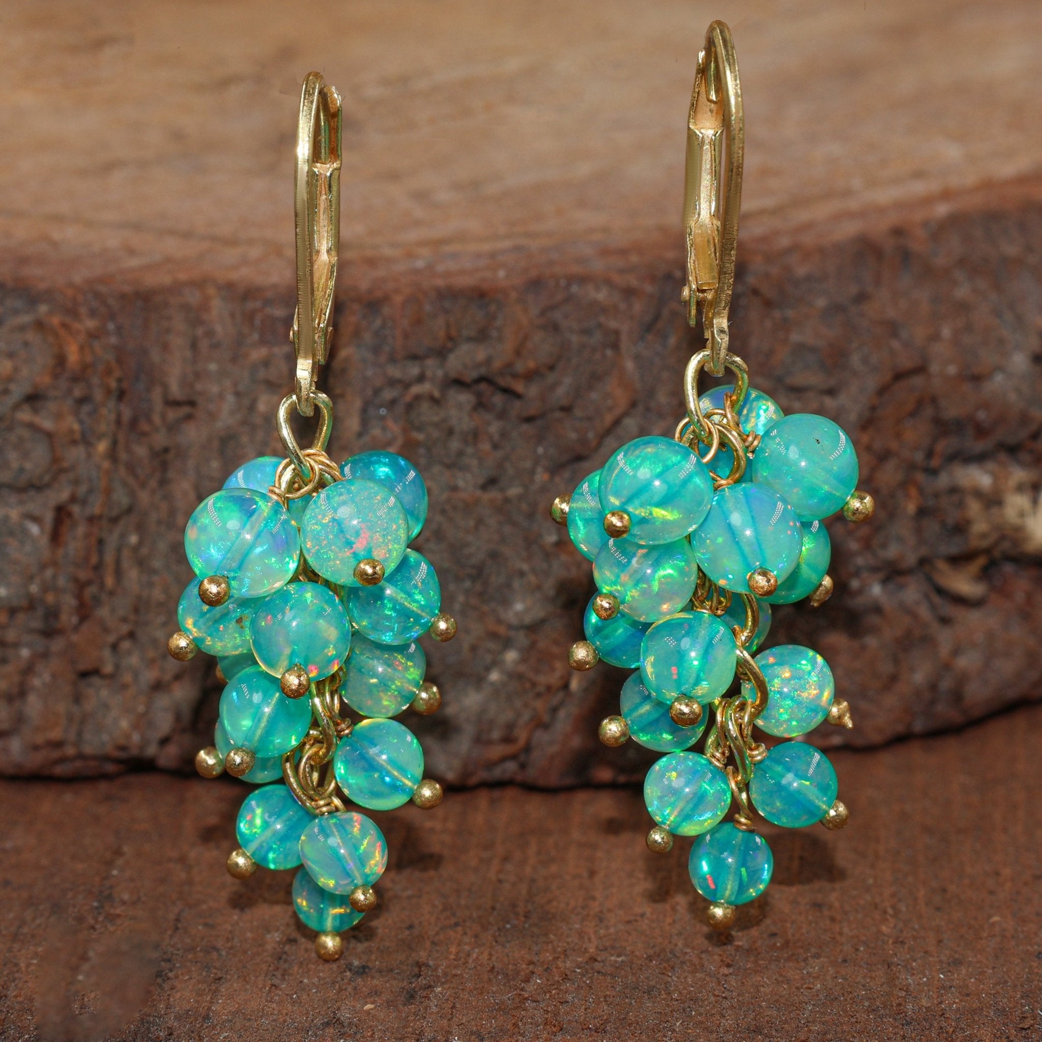 Genuine Green Opal Round Beads Cluster Earrings for Her - Goodstone Jewels