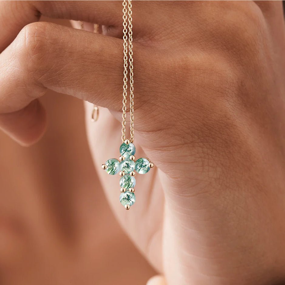 Genuine Moss Agate Cross Shape Pendant - Goodstone Jewels