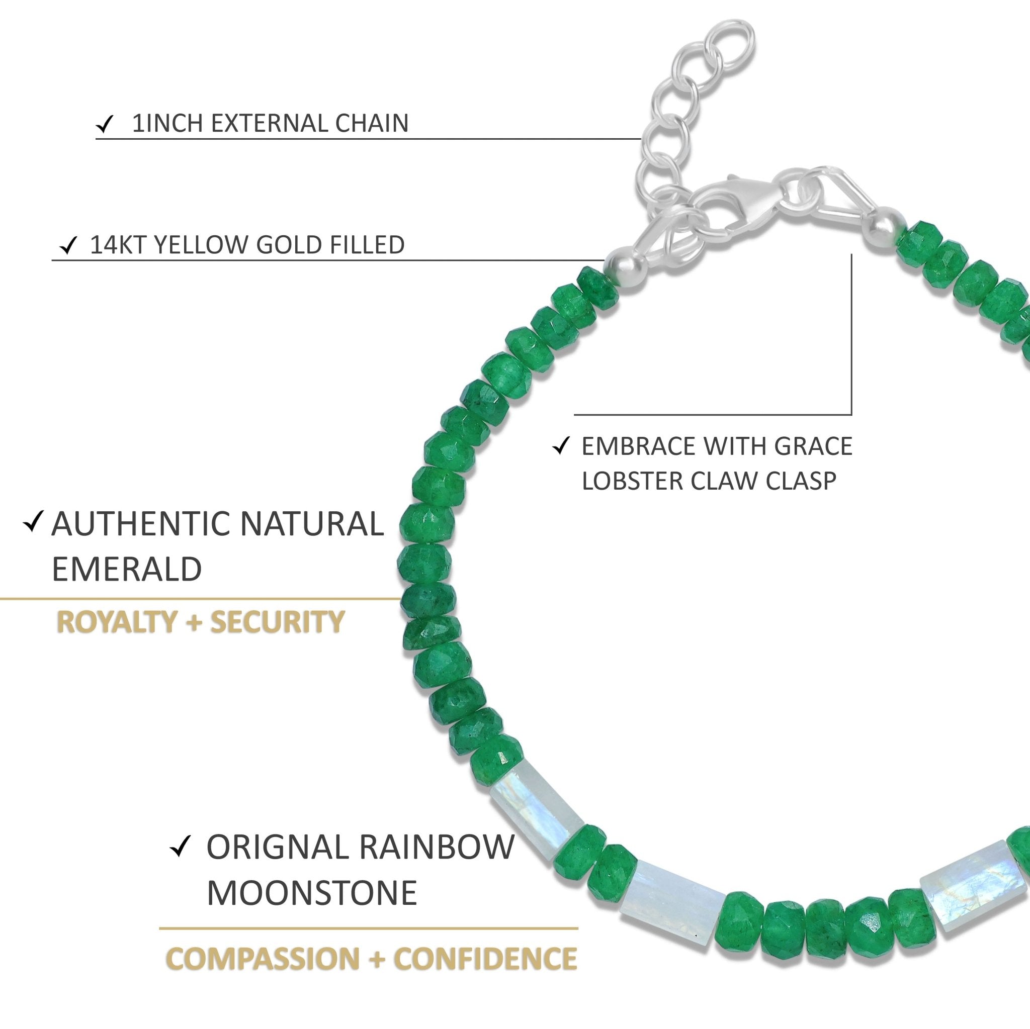 Green Emerald Beaded Bracelet with Crystals Rainbow Moonstone - Goodstone Jewels