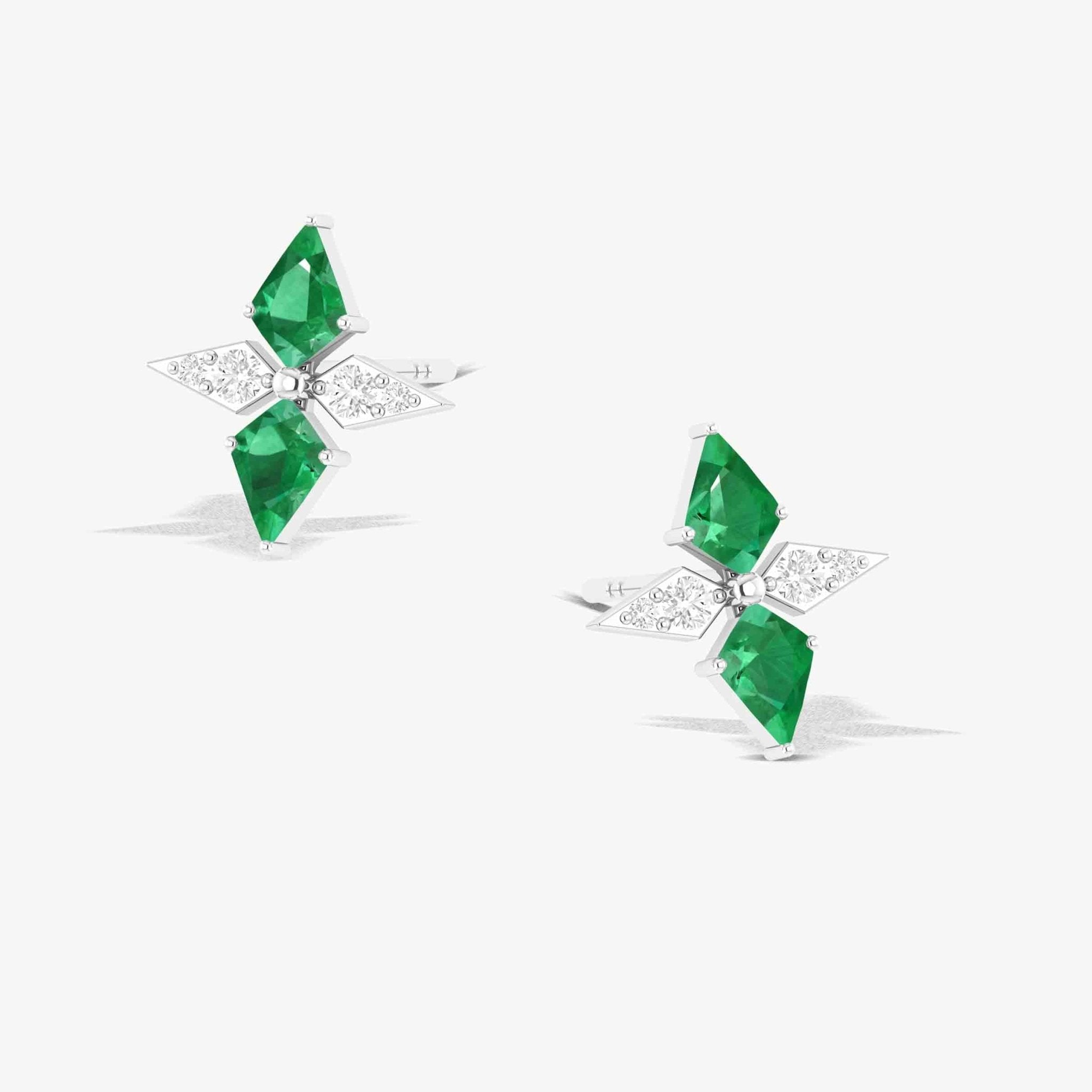 Green Emerald Dual Kite Gemstone Floral Stud Earrings - Goodstone Jewels