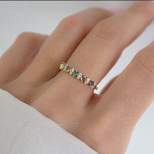 Half Eternity Ring with Natural Black Opal and White Zircon - Goodstone Jewels