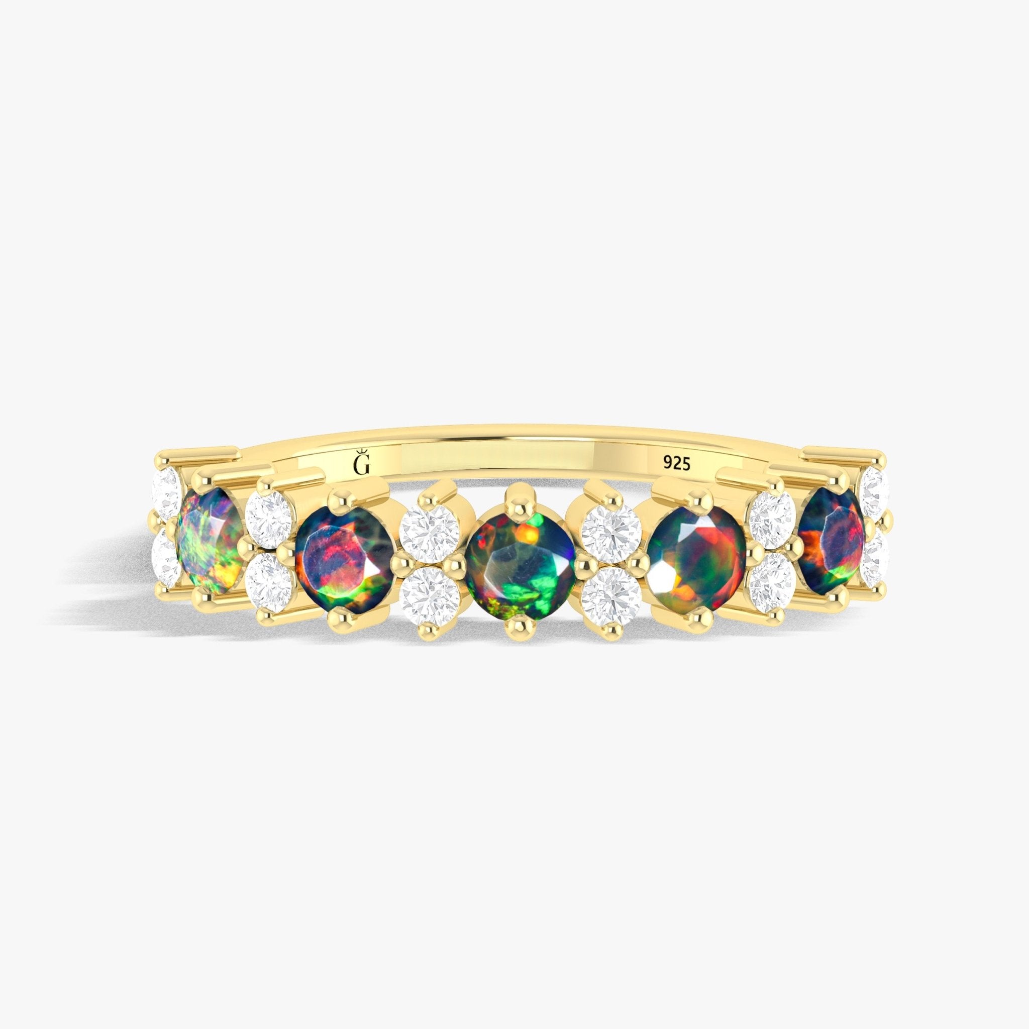 Half Eternity Ring with Natural Black Opal and White Zircon - Goodstone Jewels