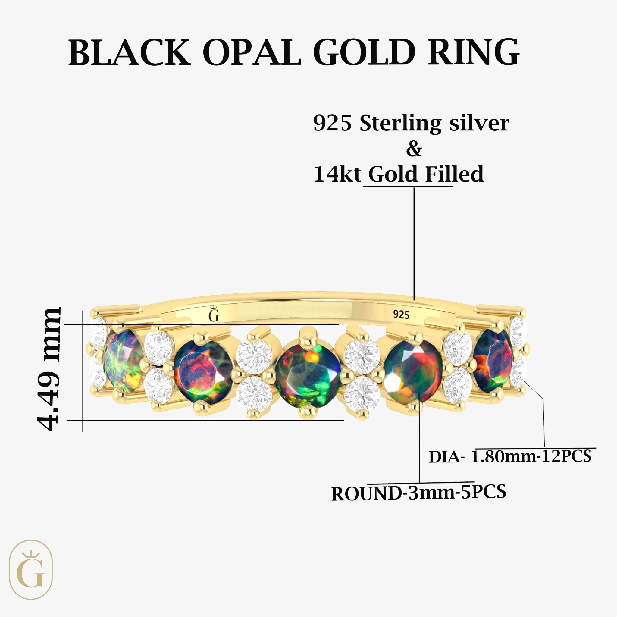 Half Eternity Ring with Natural Black Opal and White Zircon - Goodstone Jewels