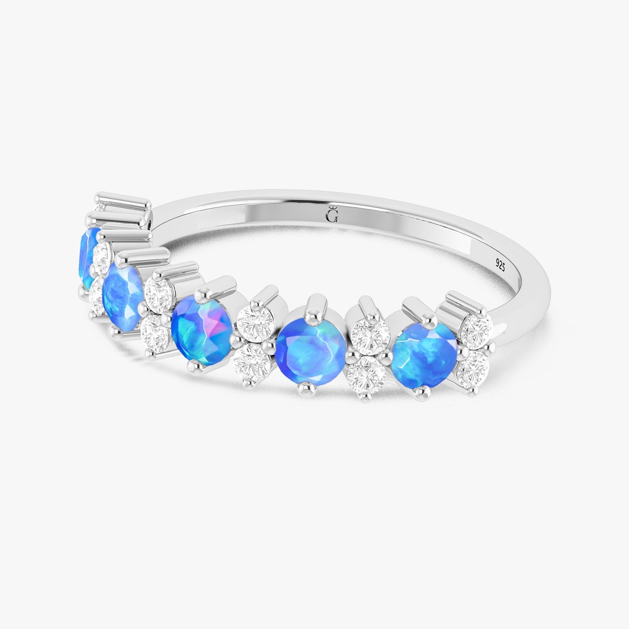 Half Eternity Ring with Natural Blue Opal and White Zircon - Goodstone Jewels