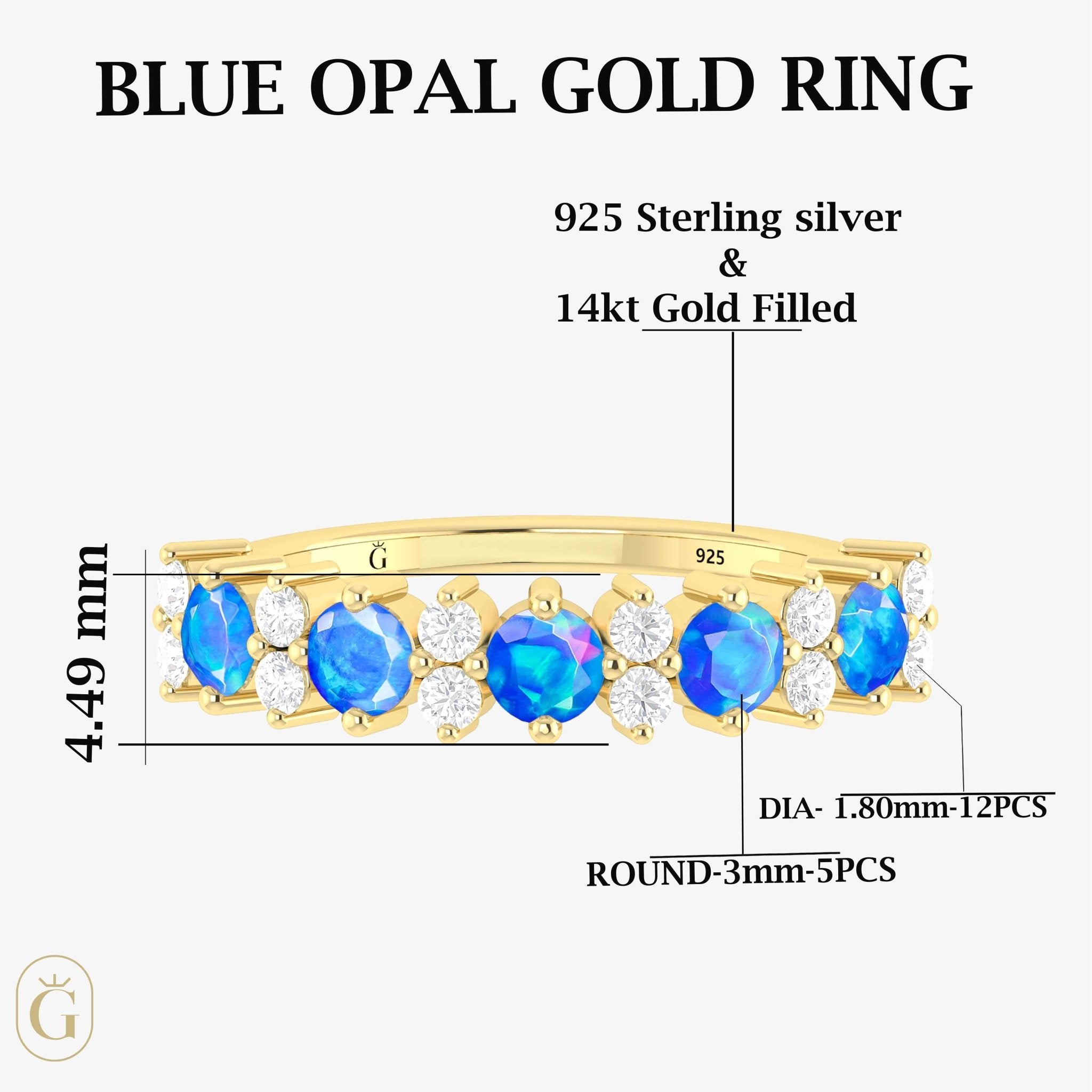 Half Eternity Ring with Natural Blue Opal and White Zircon - Goodstone Jewels