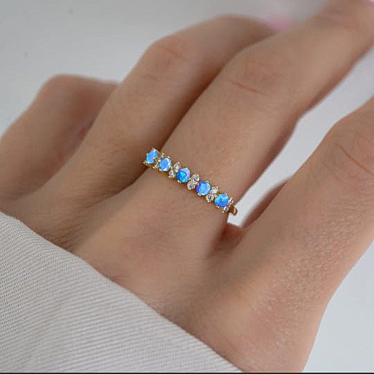 Half Eternity Ring with Natural Blue Opal and White Zircon - Goodstone Jewels