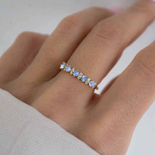 Half Eternity Ring with Natural Moonstone and White Zircon - Goodstone Jewels