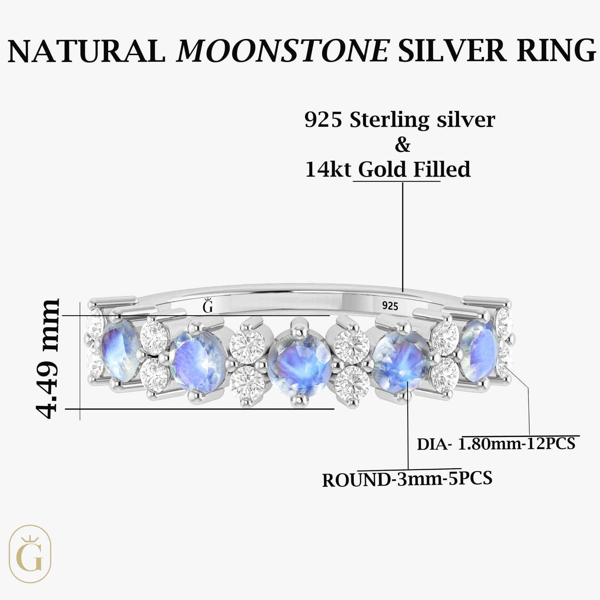 Half Eternity Ring with Natural Moonstone and White Zircon - Goodstone Jewels