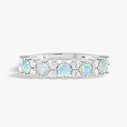 Half Eternity Ring with Natural White Opal and Zircon