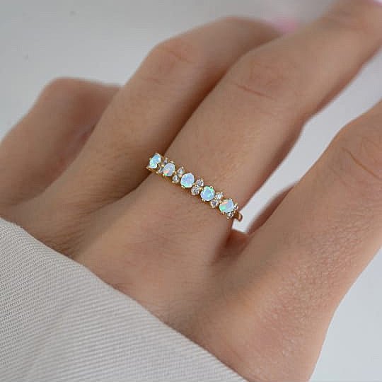 Half Eternity Ring with Natural White Opal and Zircon - Goodstone Jewels