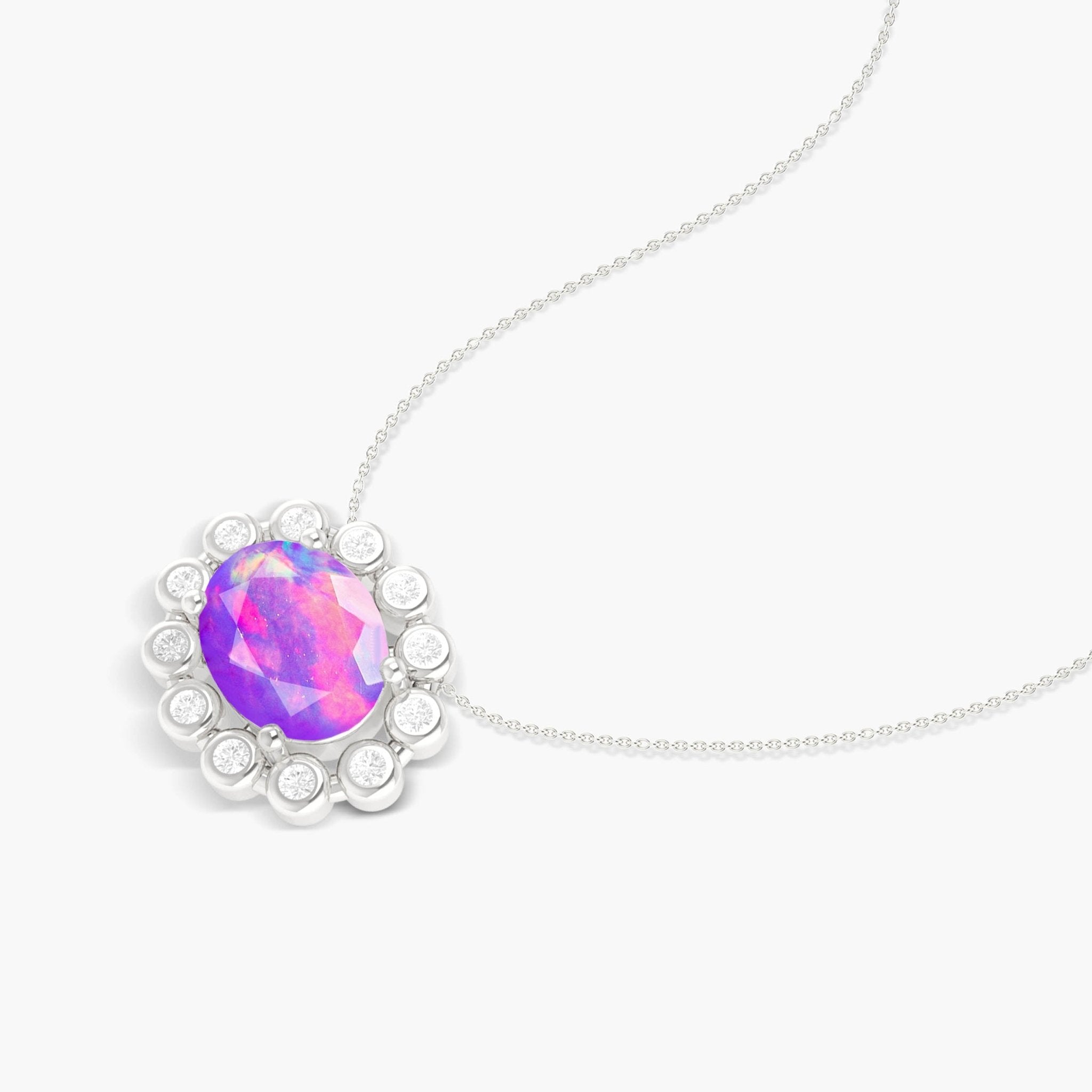 Halo Chain Pendant Necklace with Natural Lavender Opal & White Zircon - Goodstone Jewels