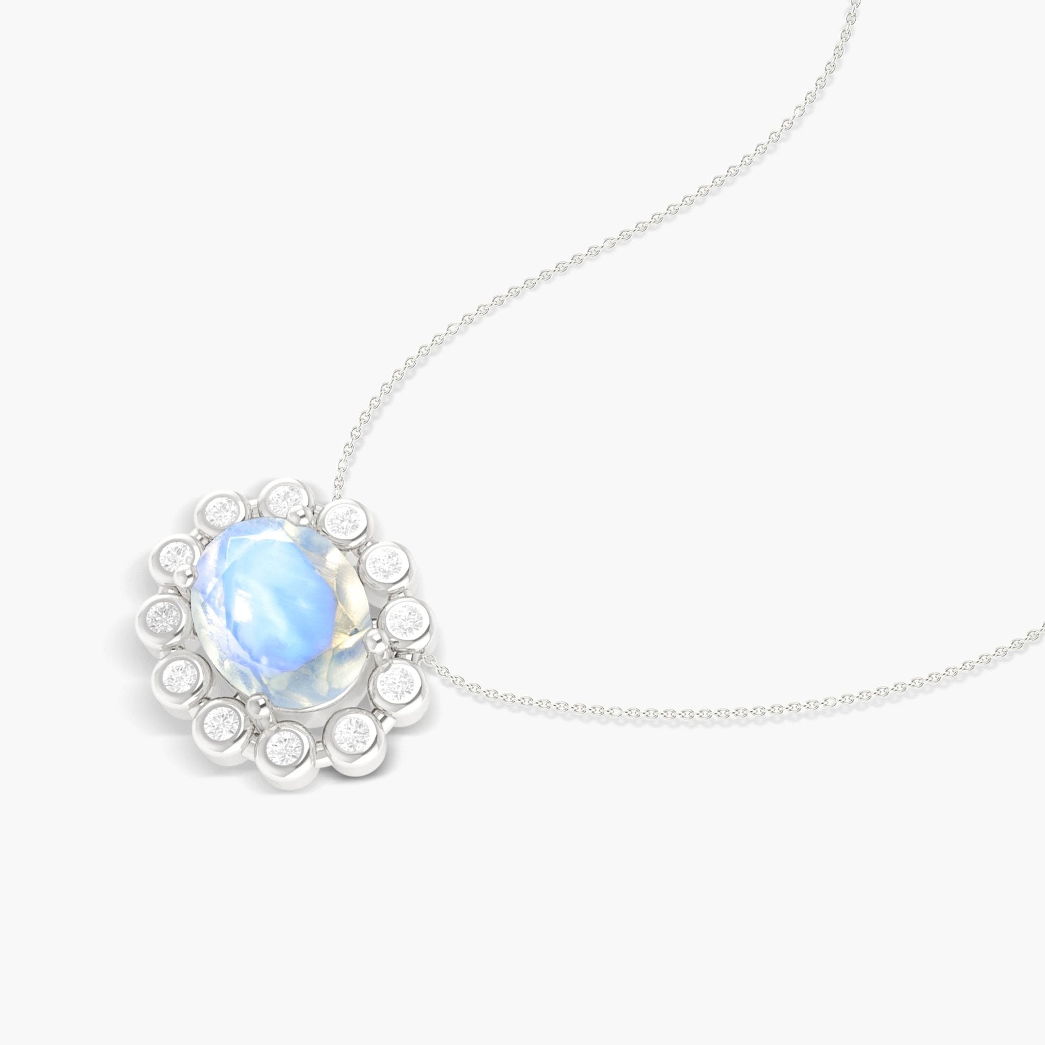 Halo Chain Pendant Necklace with Natural Moonstone & White Zircon - Goodstone Jewels