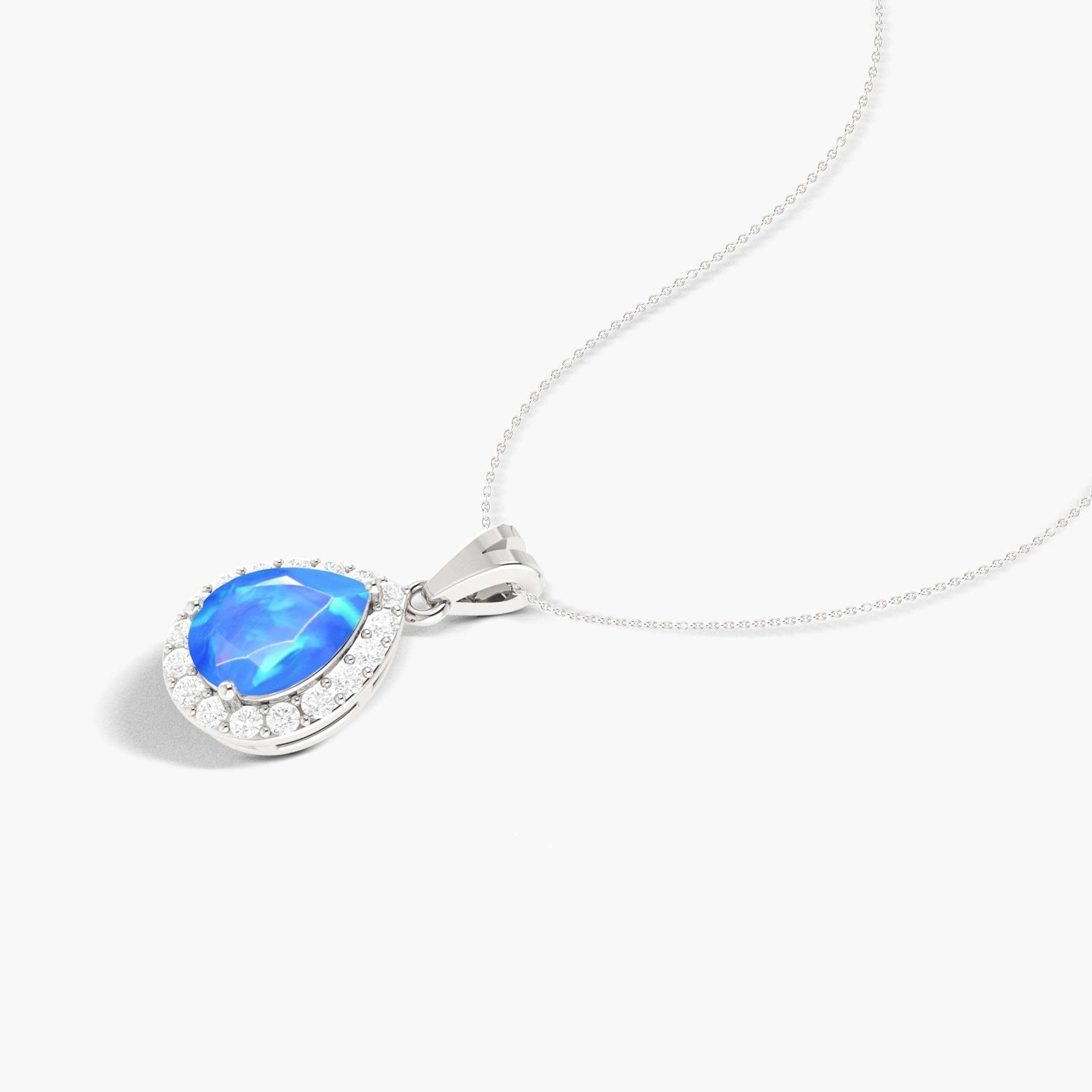 Halo Pendant Chain Necklace with Natural Blue Opal and White Zircon - Goodstone Jewels