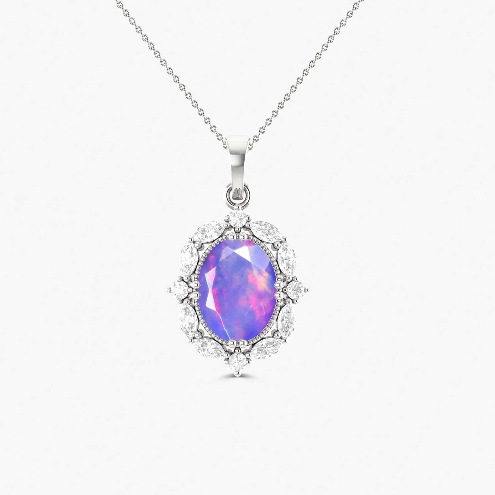 Halo Pendant Chain Necklace with Natural Lavender Opal Gemstone - Goodstone Jewels
