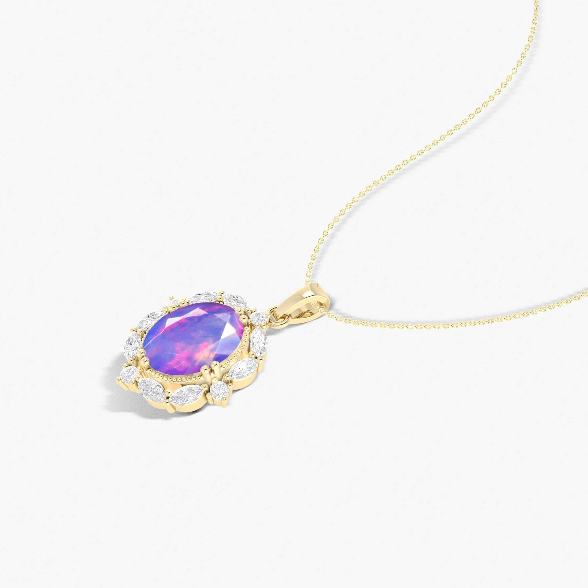Halo Pendant Chain Necklace with Natural Lavender Opal Gemstone - Goodstone Jewels