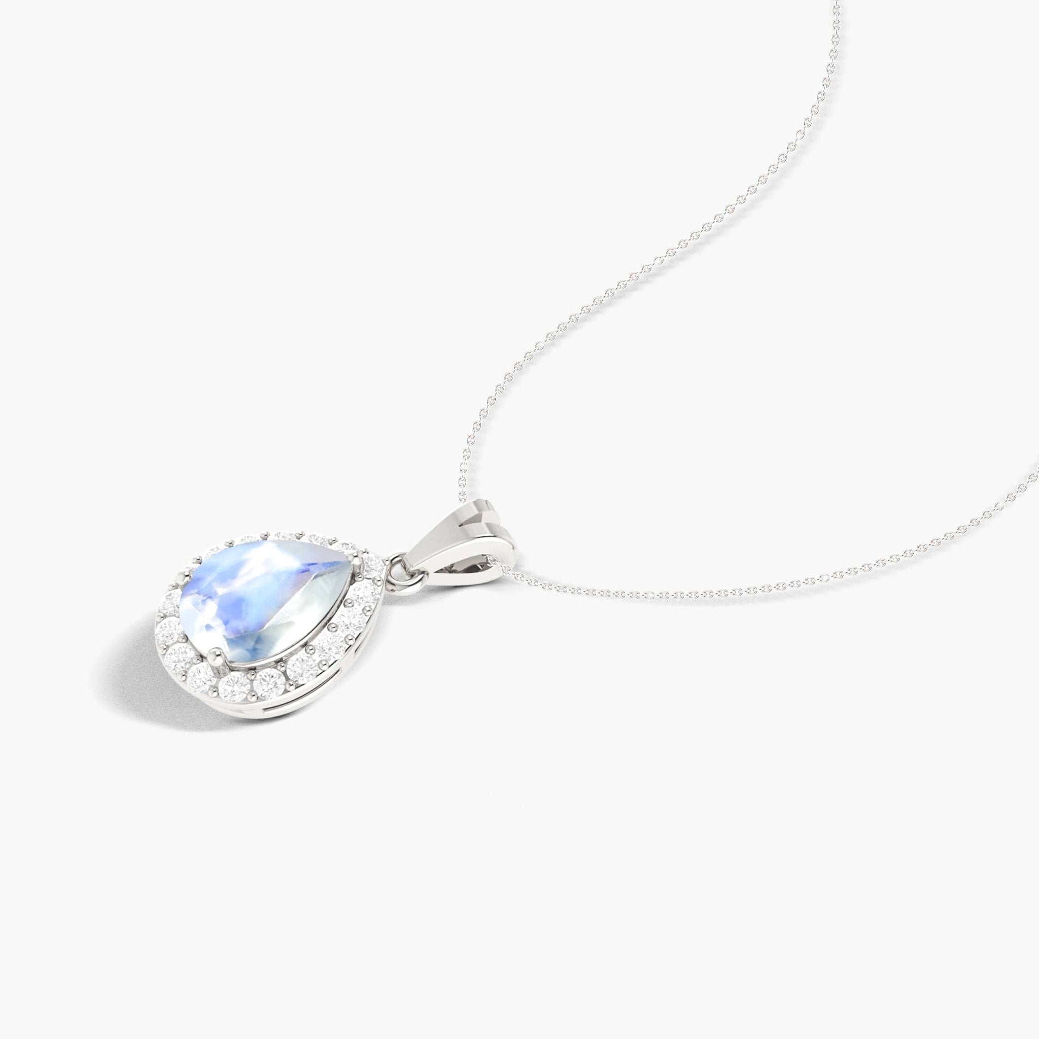 Halo Pendant Chain Necklace with Natural Moonstone and White Zircon - Goodstone Jewels