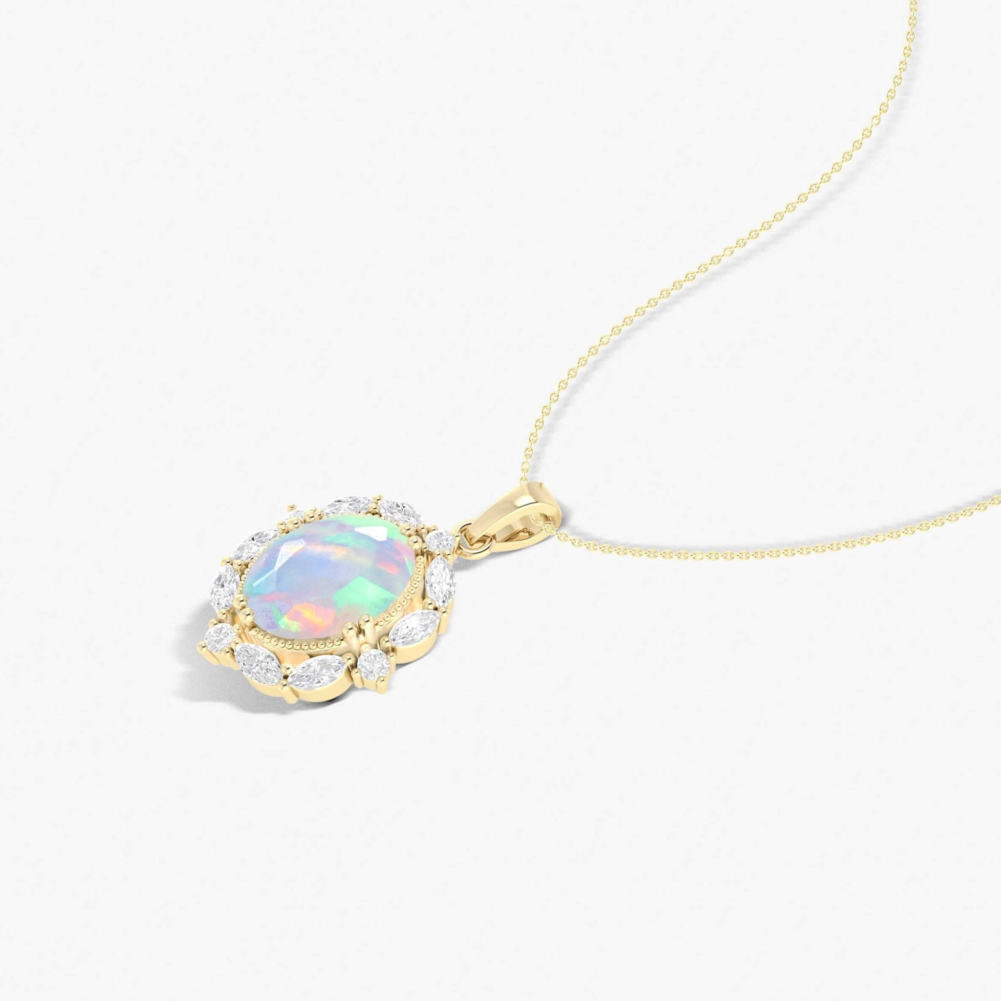 Halo Pendant Chain Necklace with Natural White Opal Gemstone - Goodstone Jewels