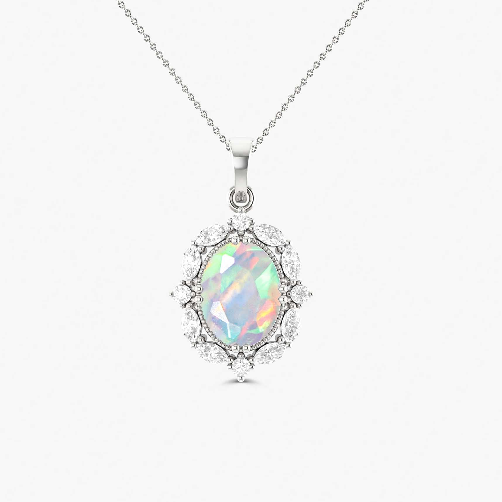 Halo Pendant Chain Necklace with Natural White Opal Gemstone - Goodstone Jewels