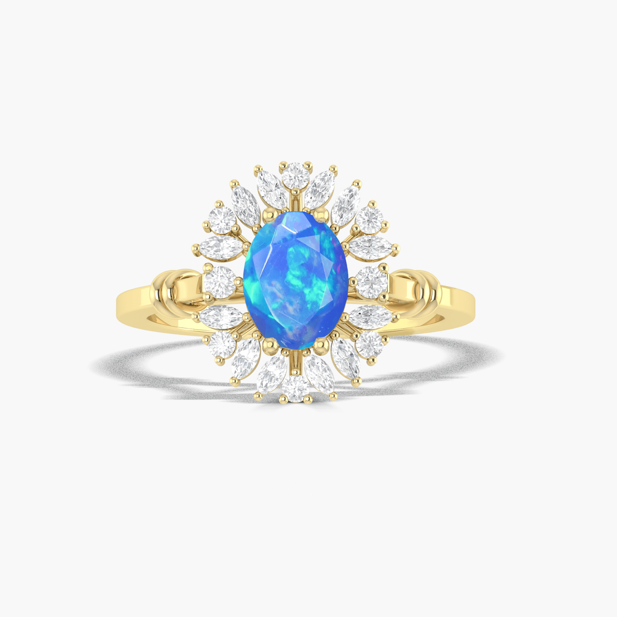 Halo Wedding Ring with Oval Shape Natural Blue Opal - Goodstone Jewels