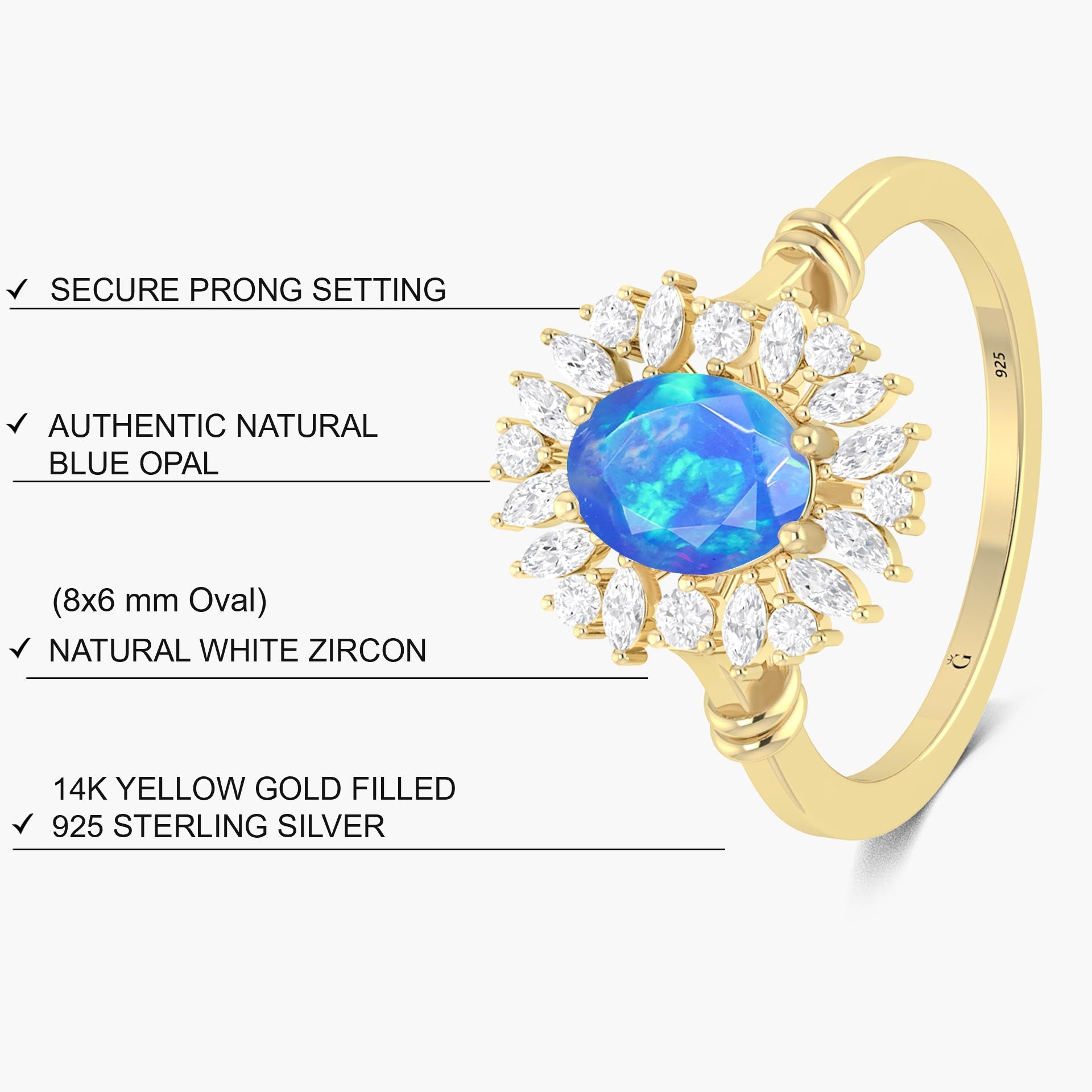 Halo Wedding Ring with Oval Shape Natural Blue Opal - Goodstone Jewels