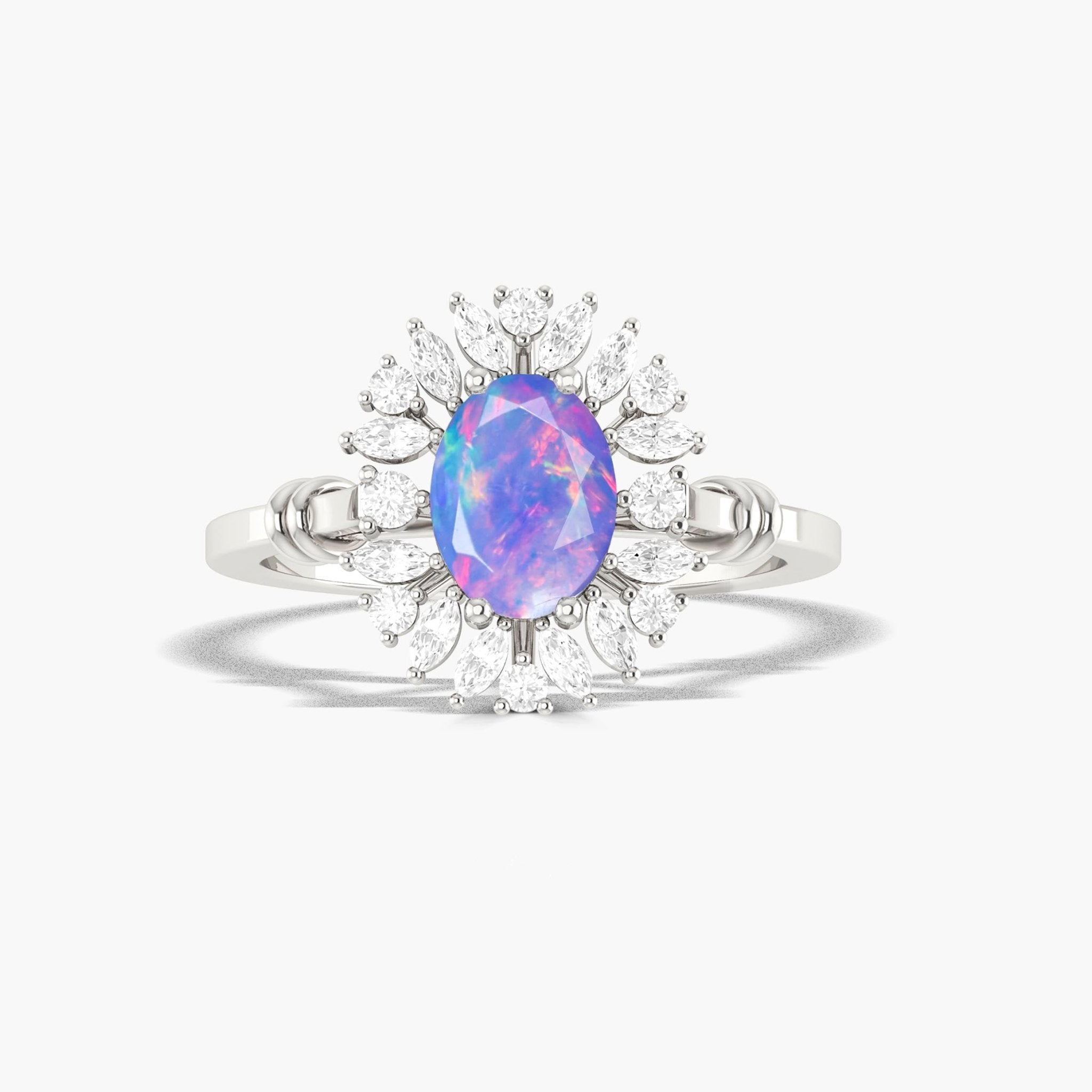 Halo Wedding Ring with Oval Shape Natural Lavender Opal - Goodstone Jewels