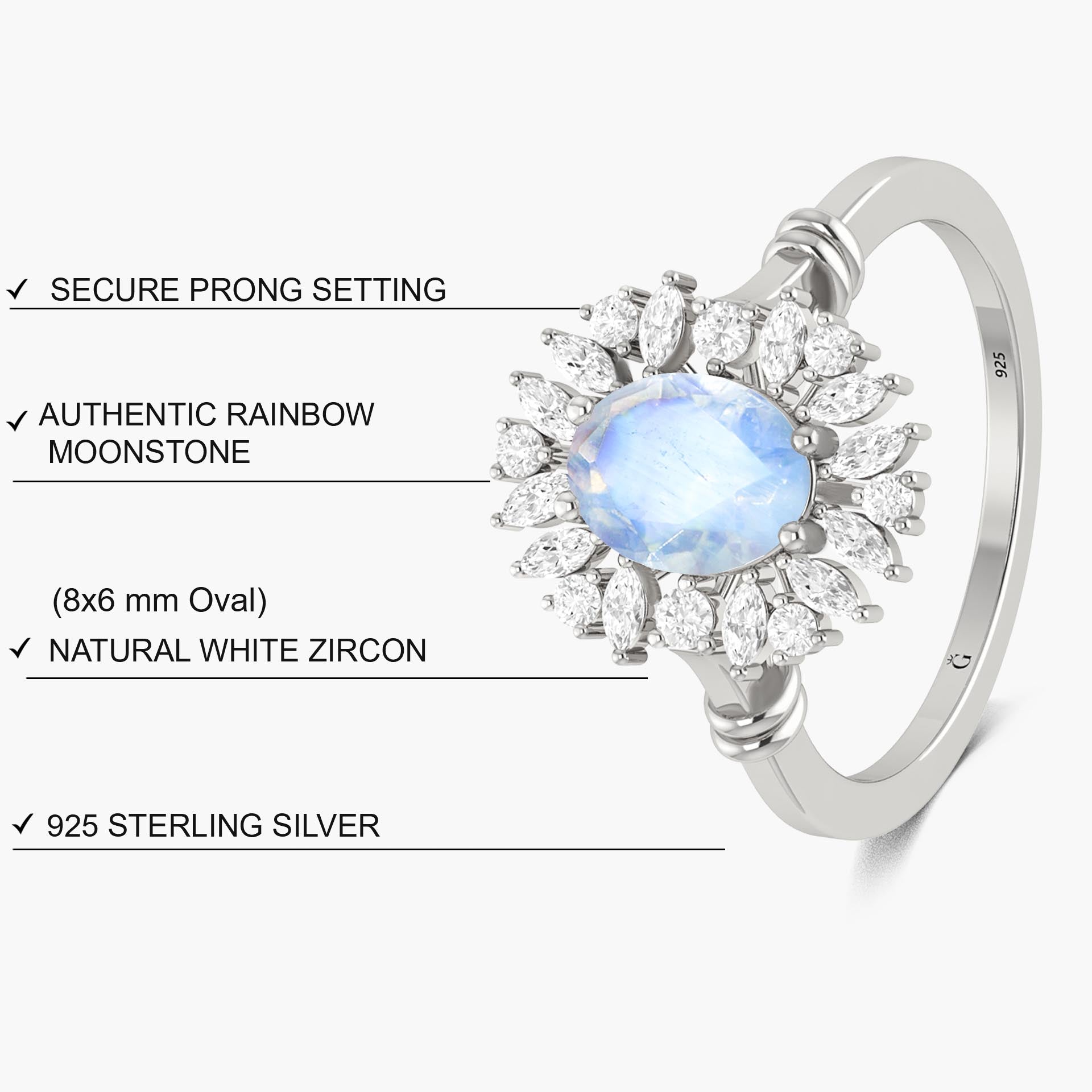 Halo Wedding Ring with Oval Shape Natural Moonstone - Goodstone Jewels