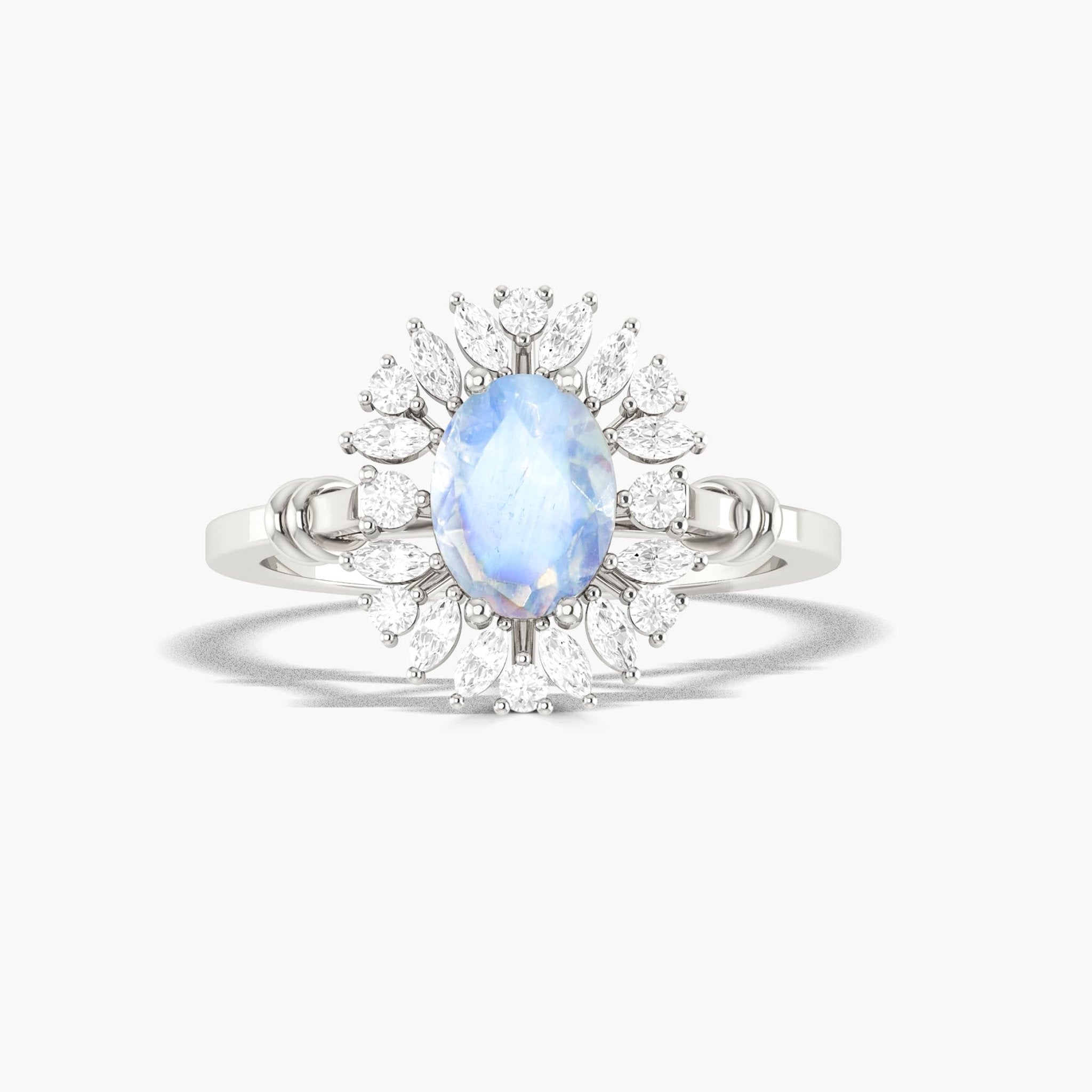 Halo Wedding Ring with Oval Shape Natural Moonstone - Goodstone Jewels