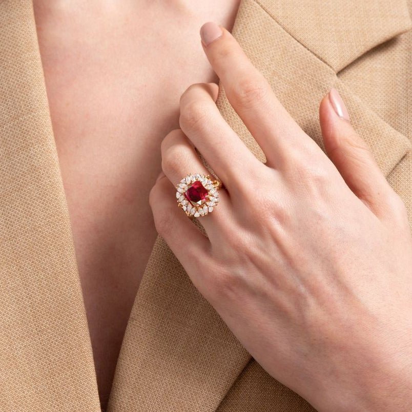 Halo Wedding Ring with Oval Shape Natural Ruby - Goodstone Jewels