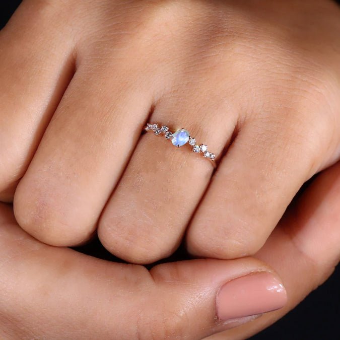 Handcrafted White rainbow moonstone with Small round zircon ring - Goodstone Jewels