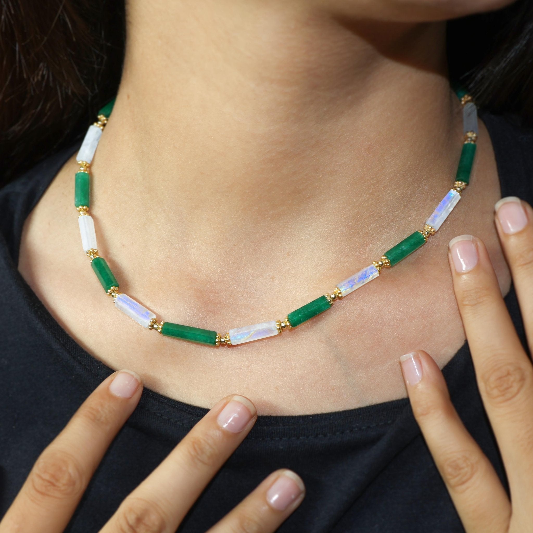 Handmade Green Emerald and Rainbow Moonstone Necklace - Goodstone Jewels
