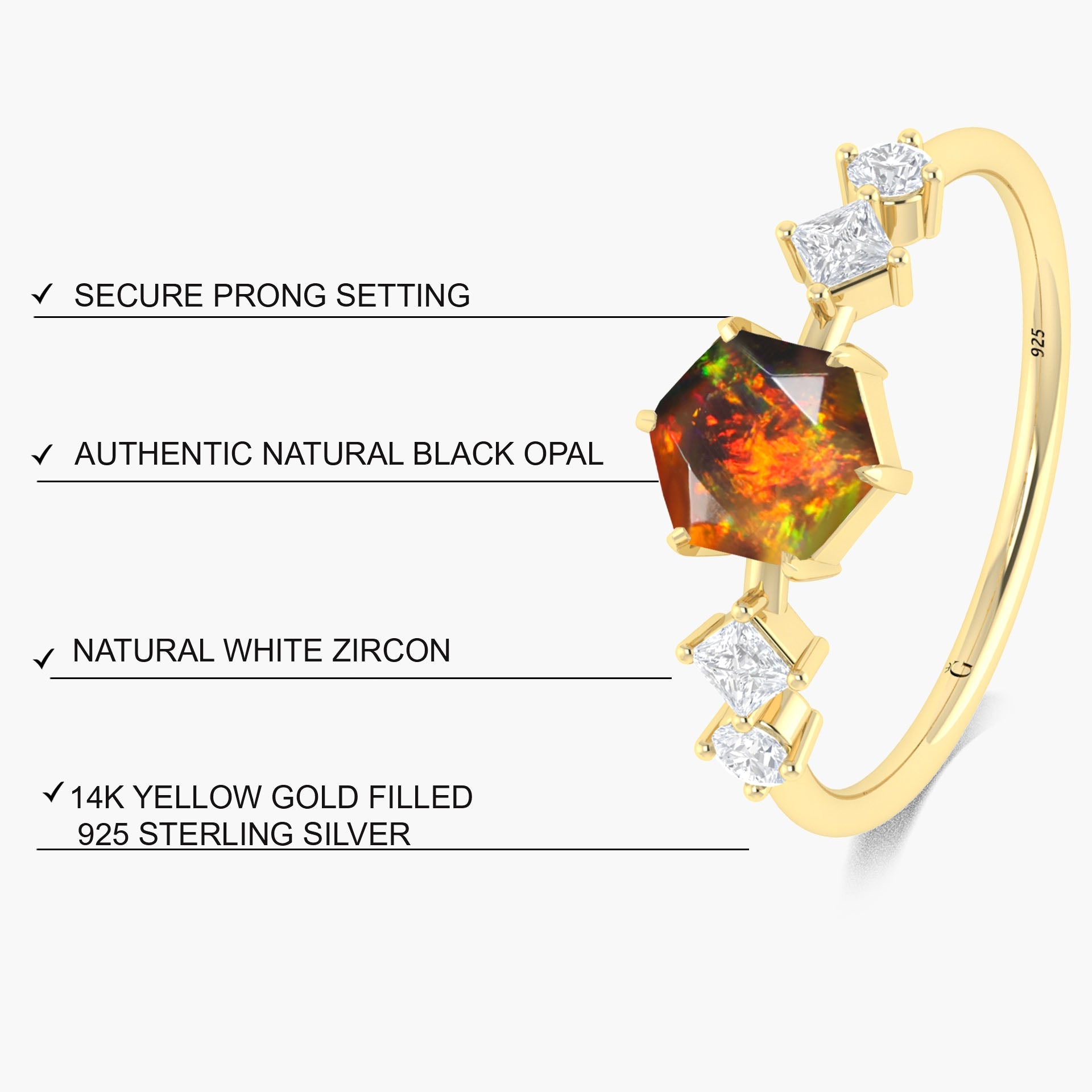 Hexagon Shape 6 MM Natural Black Opal Designer Ring - Goodstone Jewels